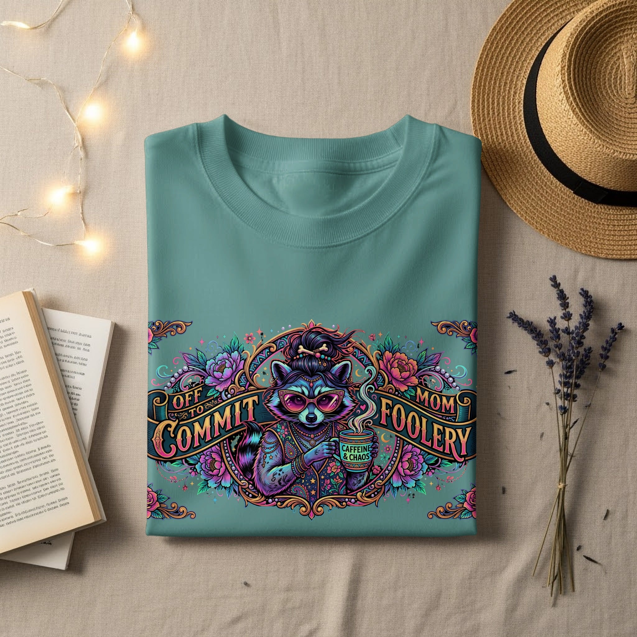 Teal t-shirt with "Off to Commit Mom Foolery Caffeine & Chaos" graphic.