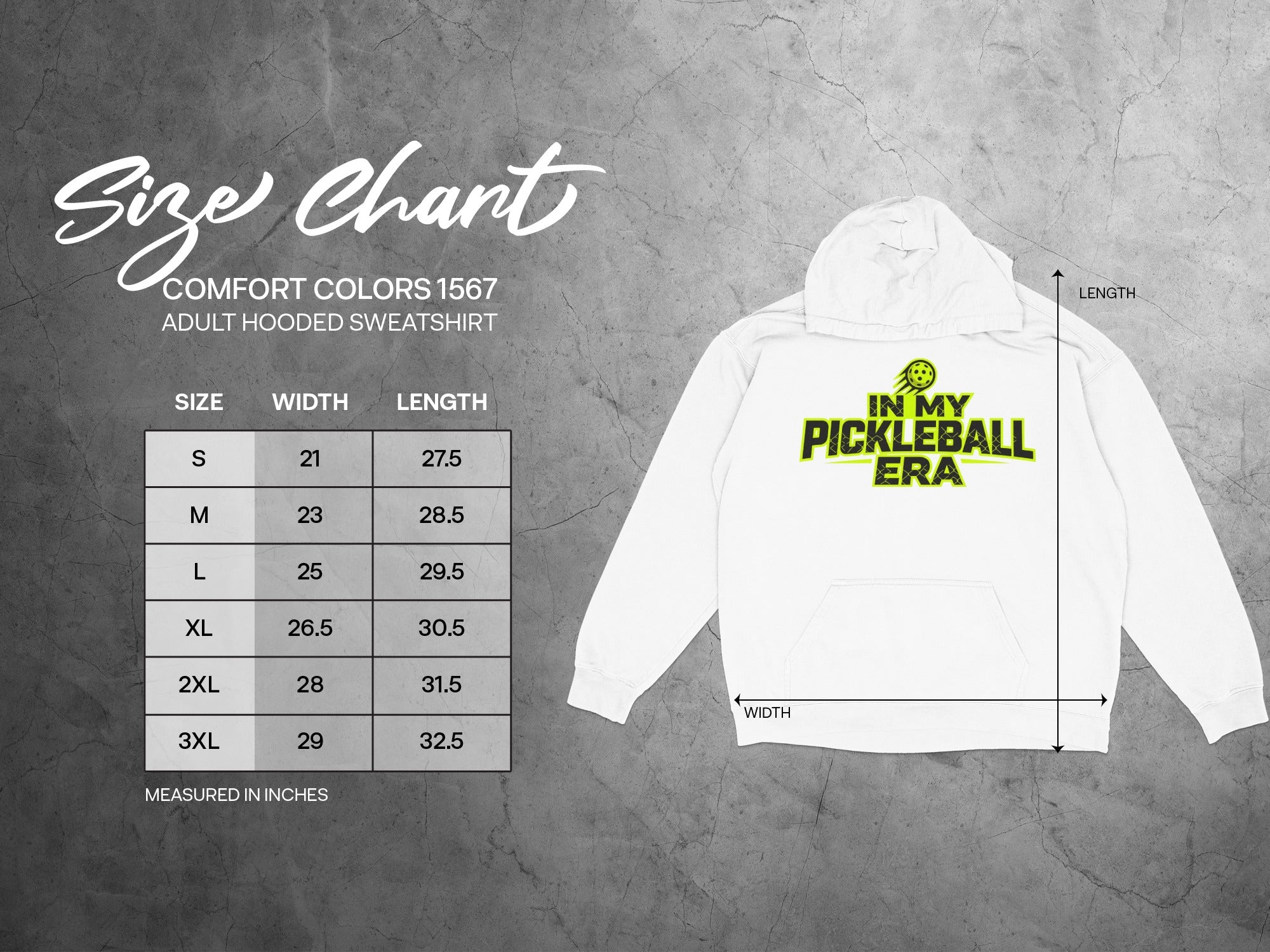 Comfort Colors 1567 adult hooded sweatshirt size chart with Pickleball Era graphic.