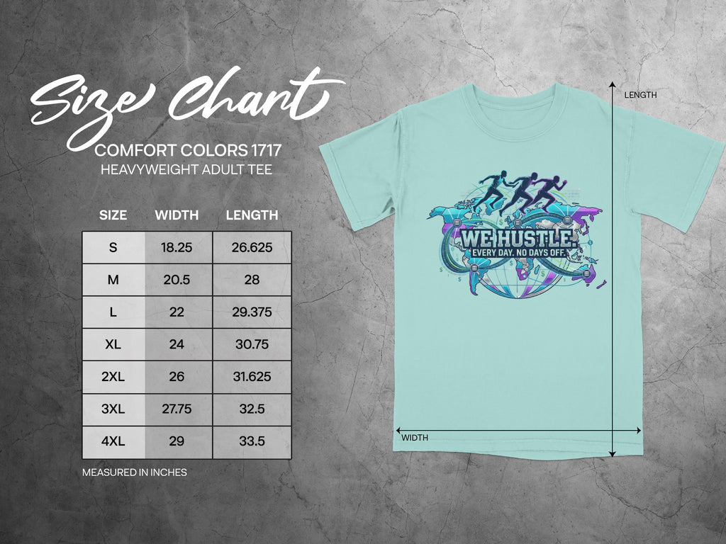 Size chart for Comfort Colors 1717 heavyweight adult tee with dimensions.