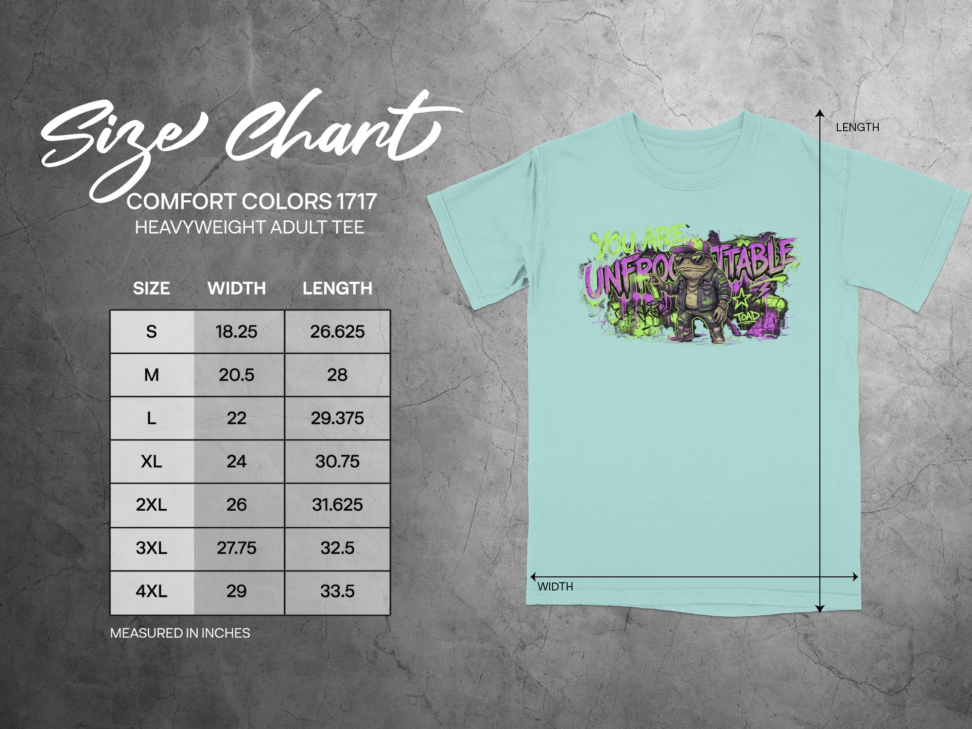 Comfort Colors 1717 heavyweight adult tee size chart with width and length measurements.