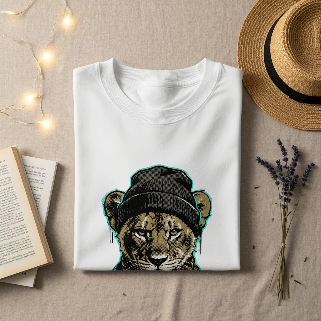 White t-shirt with a stylized lion wearing a beanie.