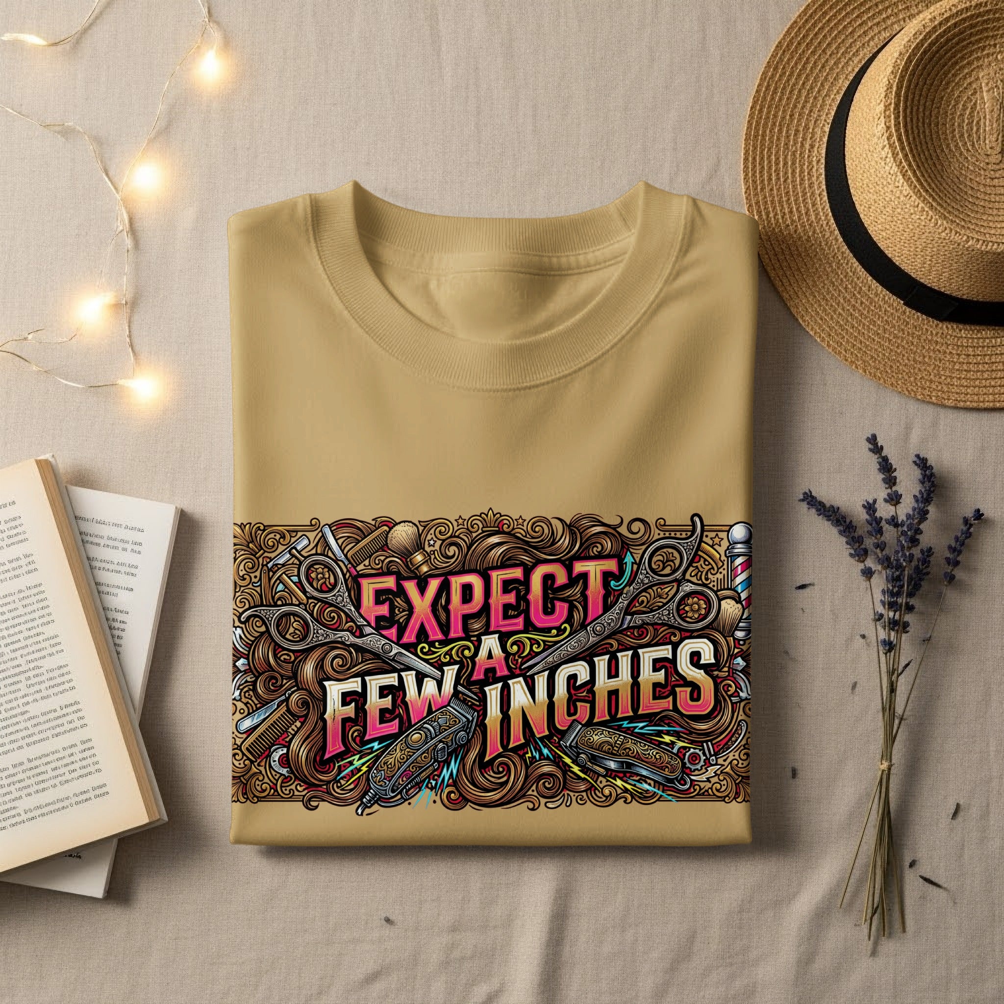 Tan t-shirt with "EXPECT FEW INCHES" text design and barber tools.