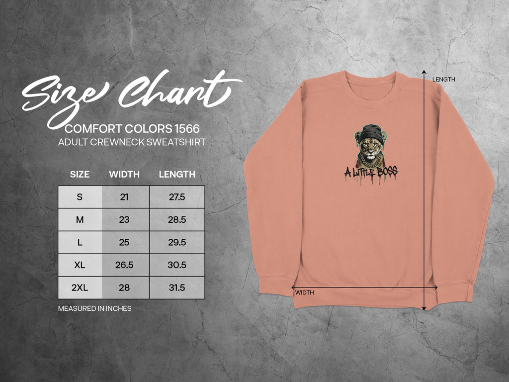 Comfort Colors 1566 adult sweatshirt size chart with measurements in inches.