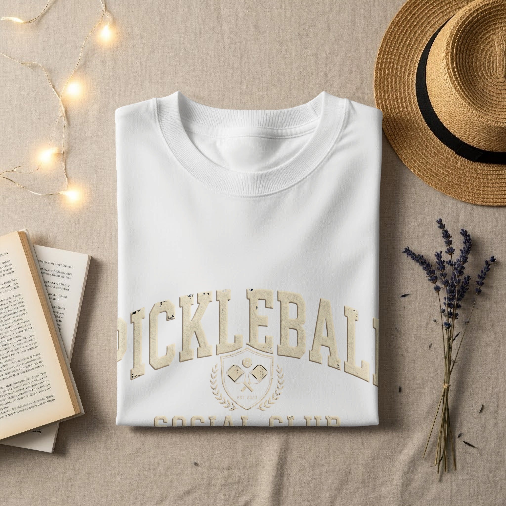 White sweatshirt with "Pickleball Social Club Est 2023" arched text.