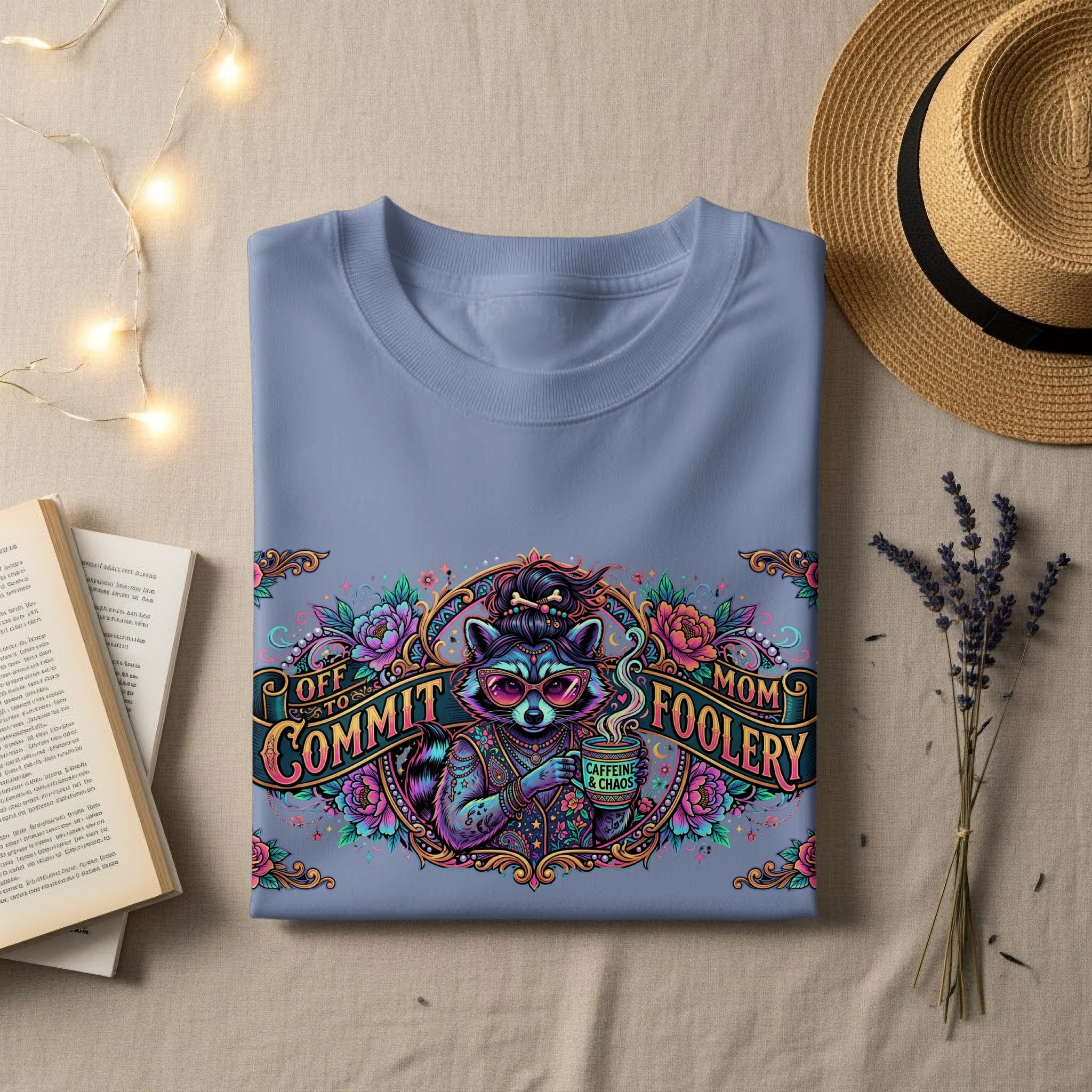 Graphic tee with raccoon saying "Off to Commit Mom Foolery Caffeine & Chaos".