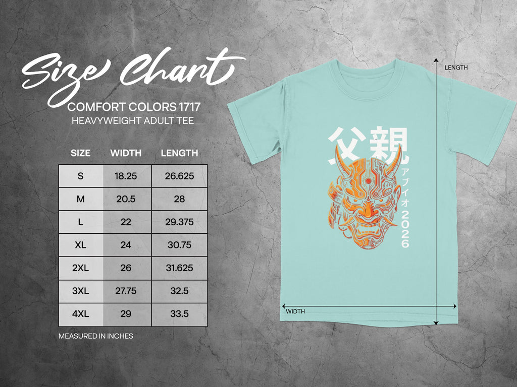 Comfort Colors 1717 size chart for heavyweight adult tee with width and length measurements.