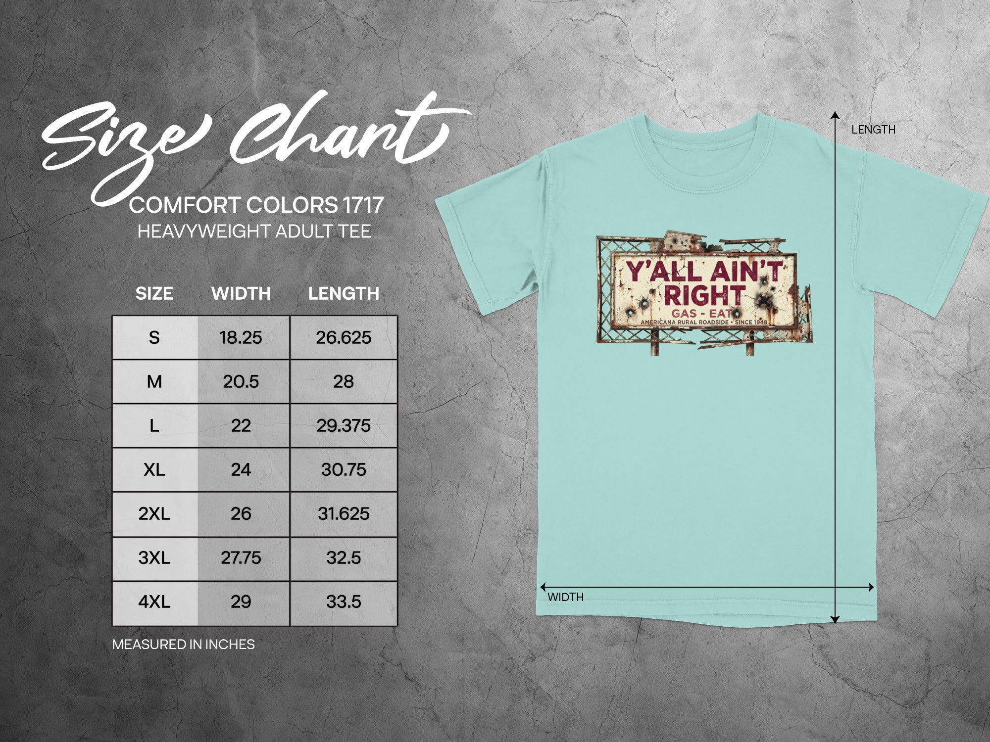 Size chart for Comfort Colors 1717 heavyweight adult tee with chest and length measurements.