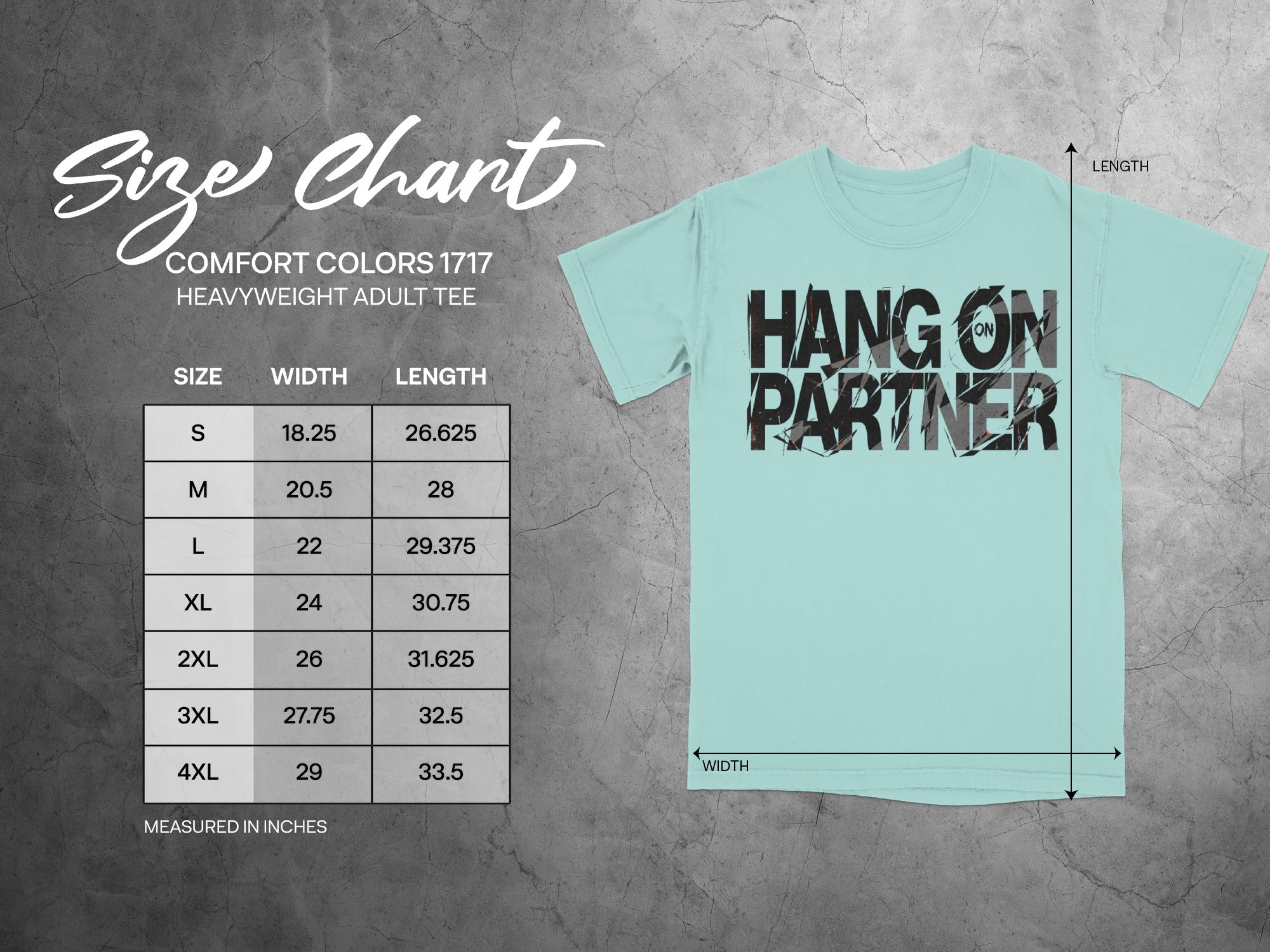 Comfort Colors 1717 size chart with t-shirt graphic showing "Hang On Partner".