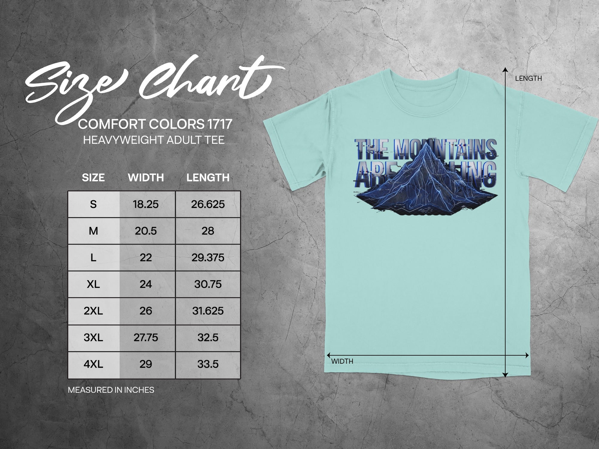 Size chart for Comfort Colors 1717 heavyweight adult tee with measurements.