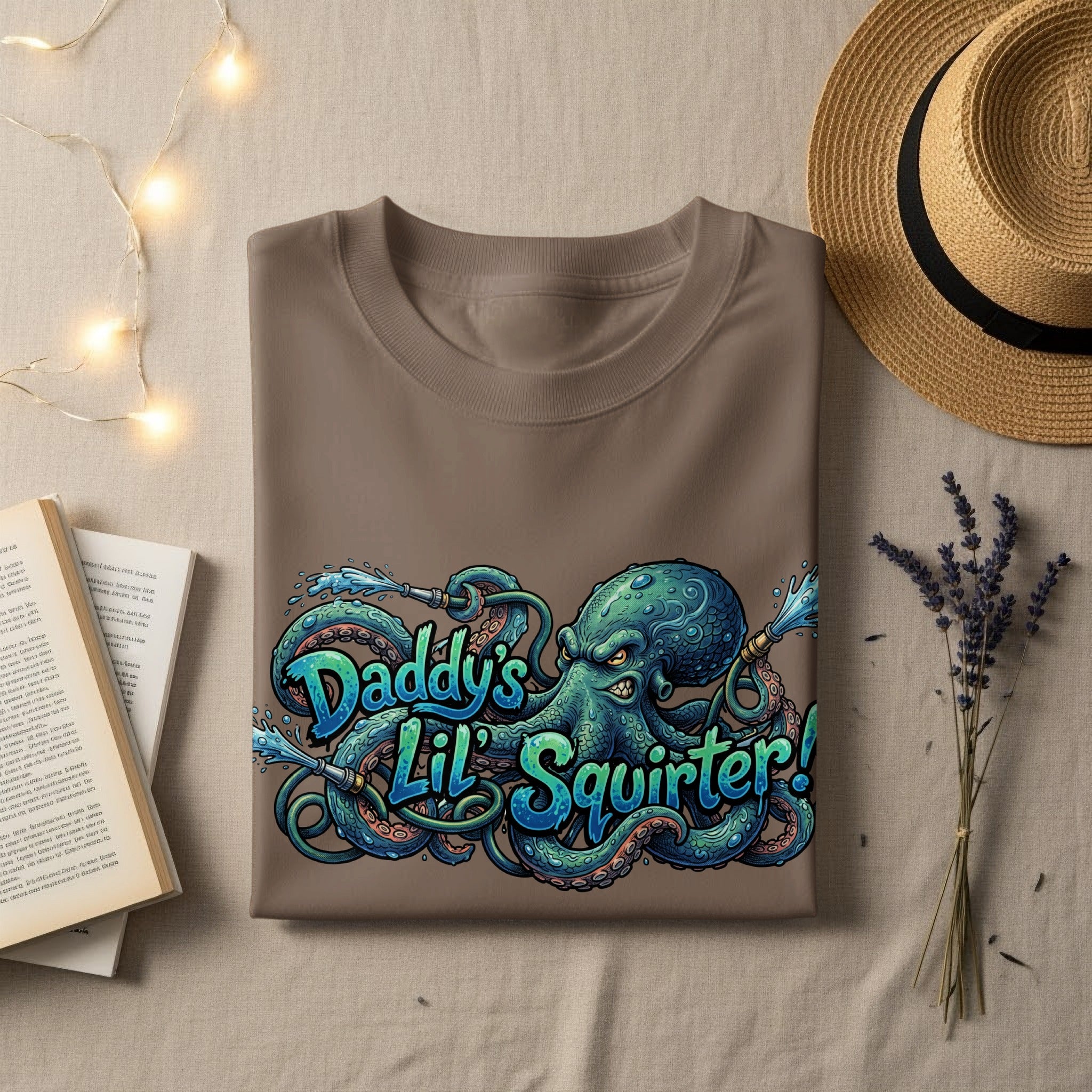 T-shirt featuring a green octopus squirting water, with "Daddy's Lil' Squirter!" text.