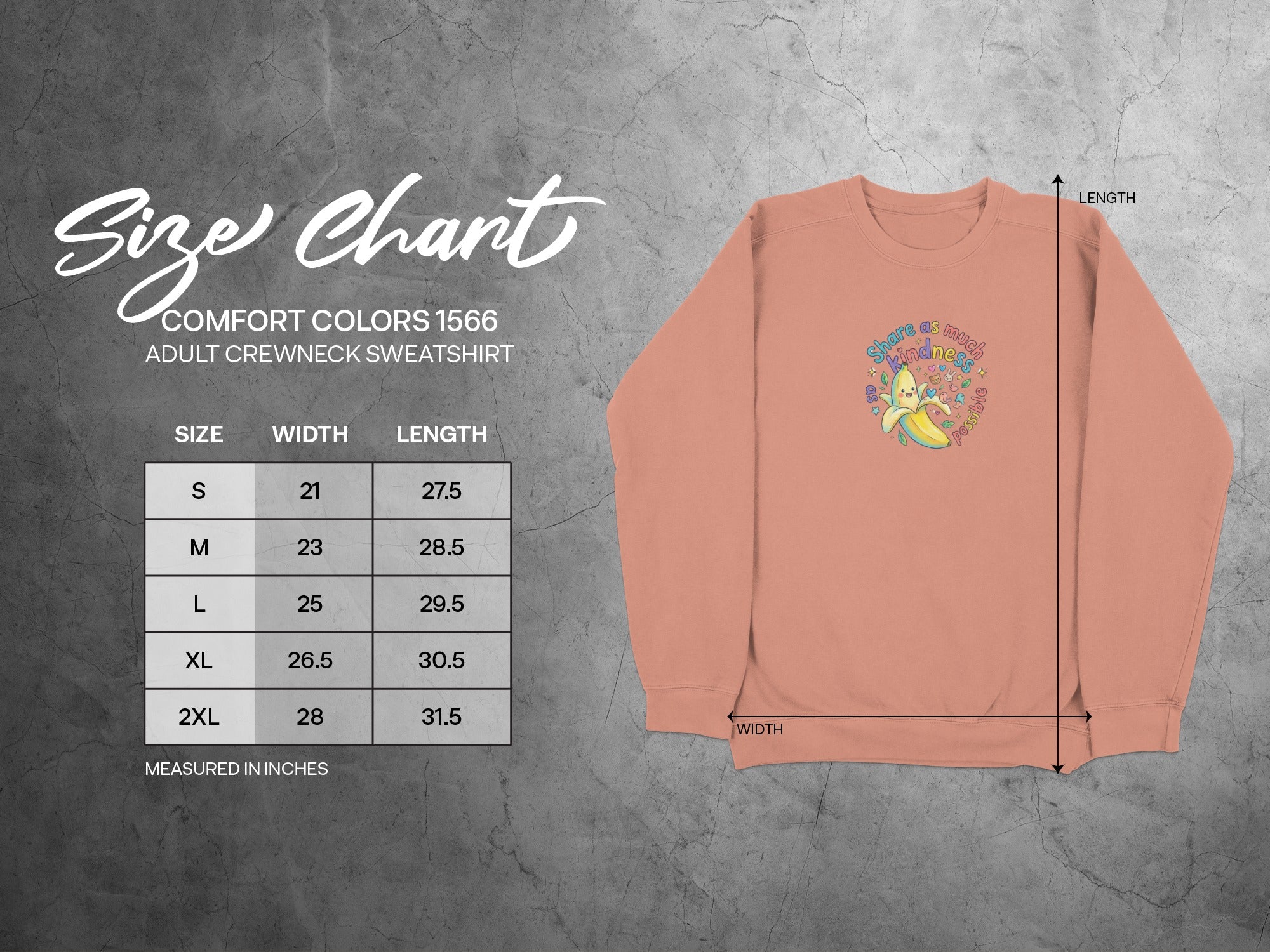 Comfort Colors sweatshirt size chart with measurements and graphic.