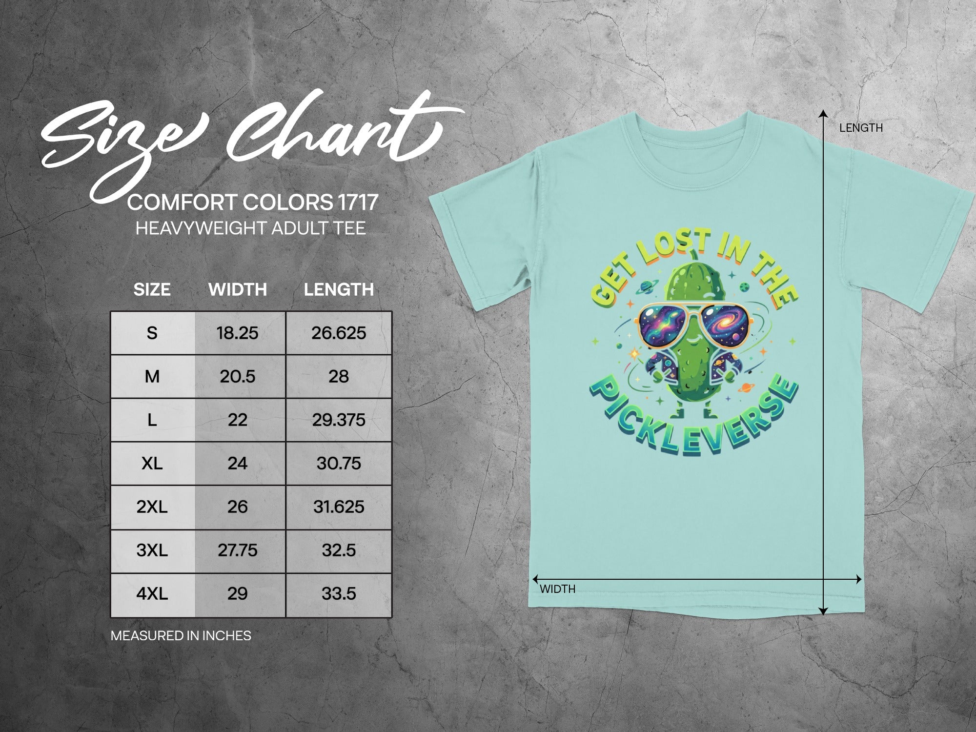 Comfort Colors 1717 size chart for heavyweight adult tee.