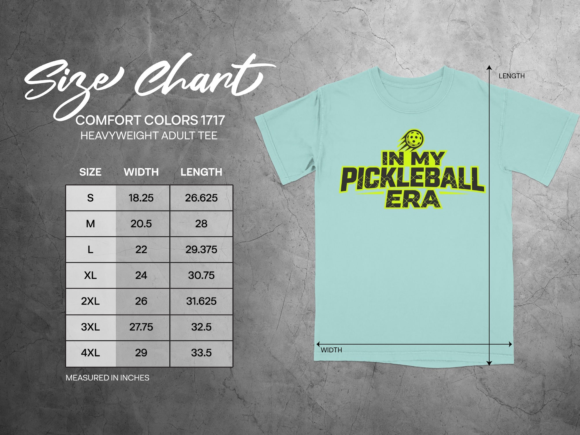 Size chart for Comfort Colors 1717 heavyweight adult tee with measurements.