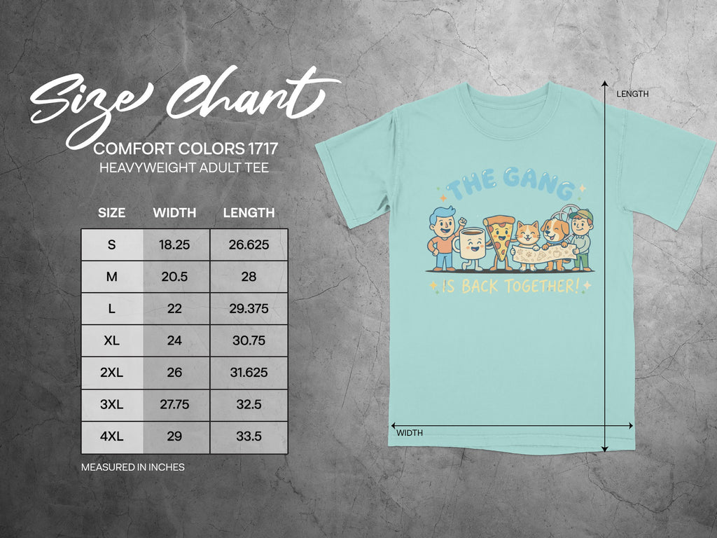 Size chart for Comfort Colors 1717 heavyweight adult tee, showing measurements in inches.