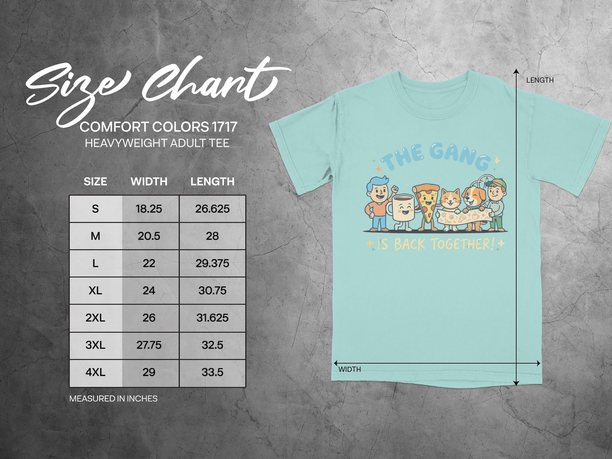 Size chart for Comfort Colors 1717 heavyweight adult tee, showing measurements in inches.