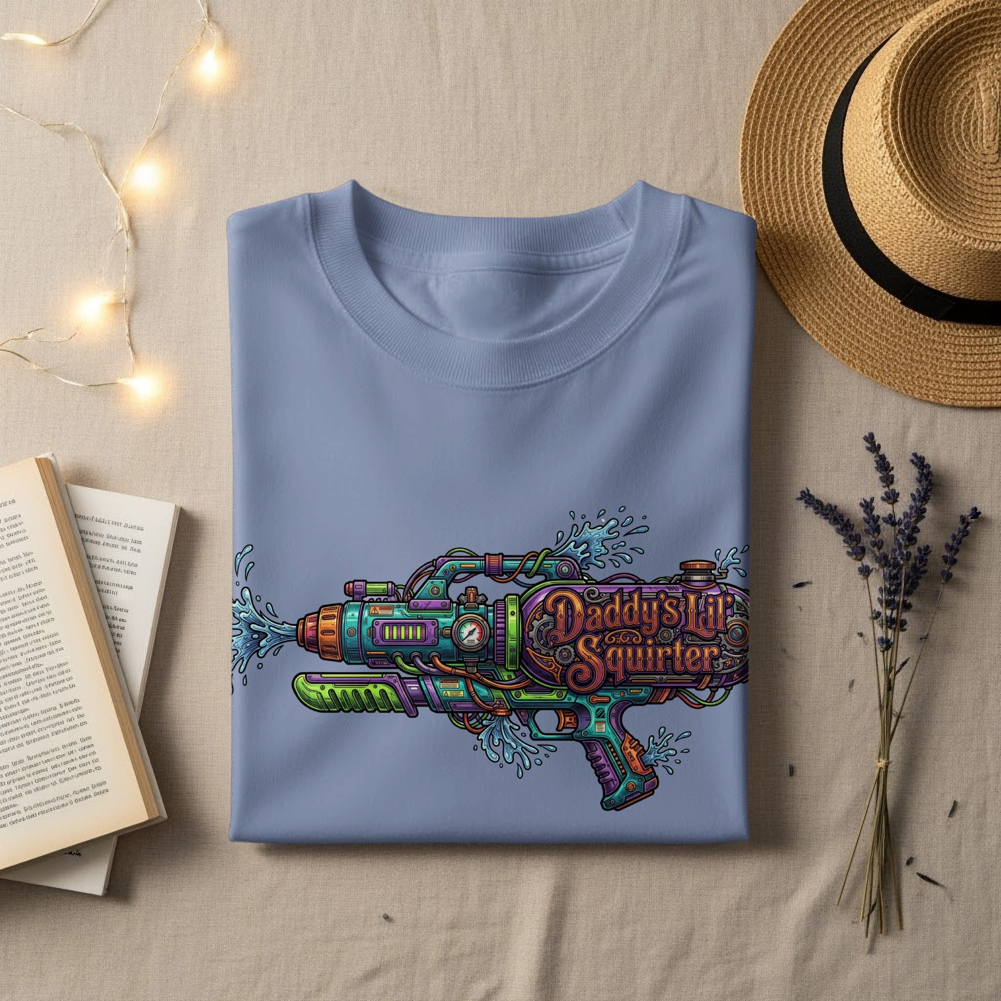 Light blue t-shirt with "Daddy's Lil Squirt Gun" graphic art.