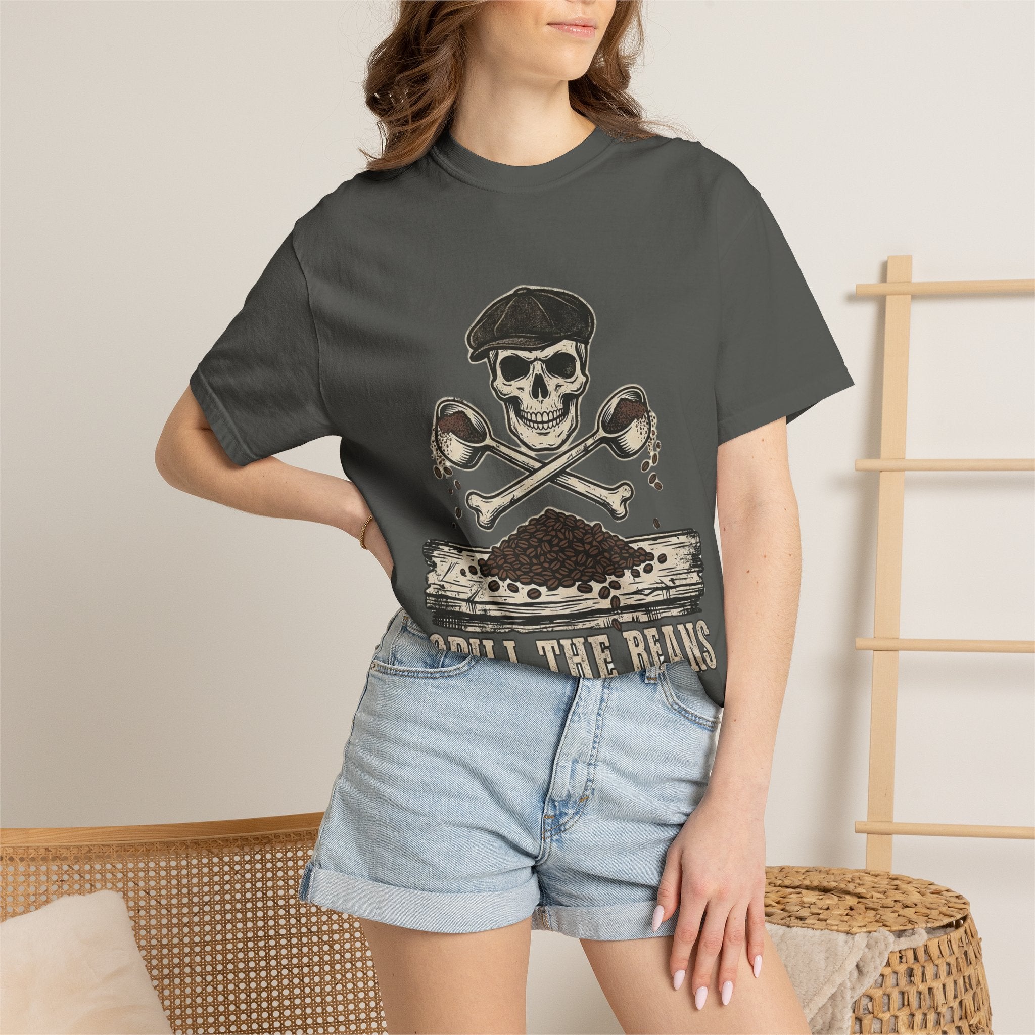 Skull & Spoons Coffee T-Shirt — "Spill the Beans" Vintage Café Tee