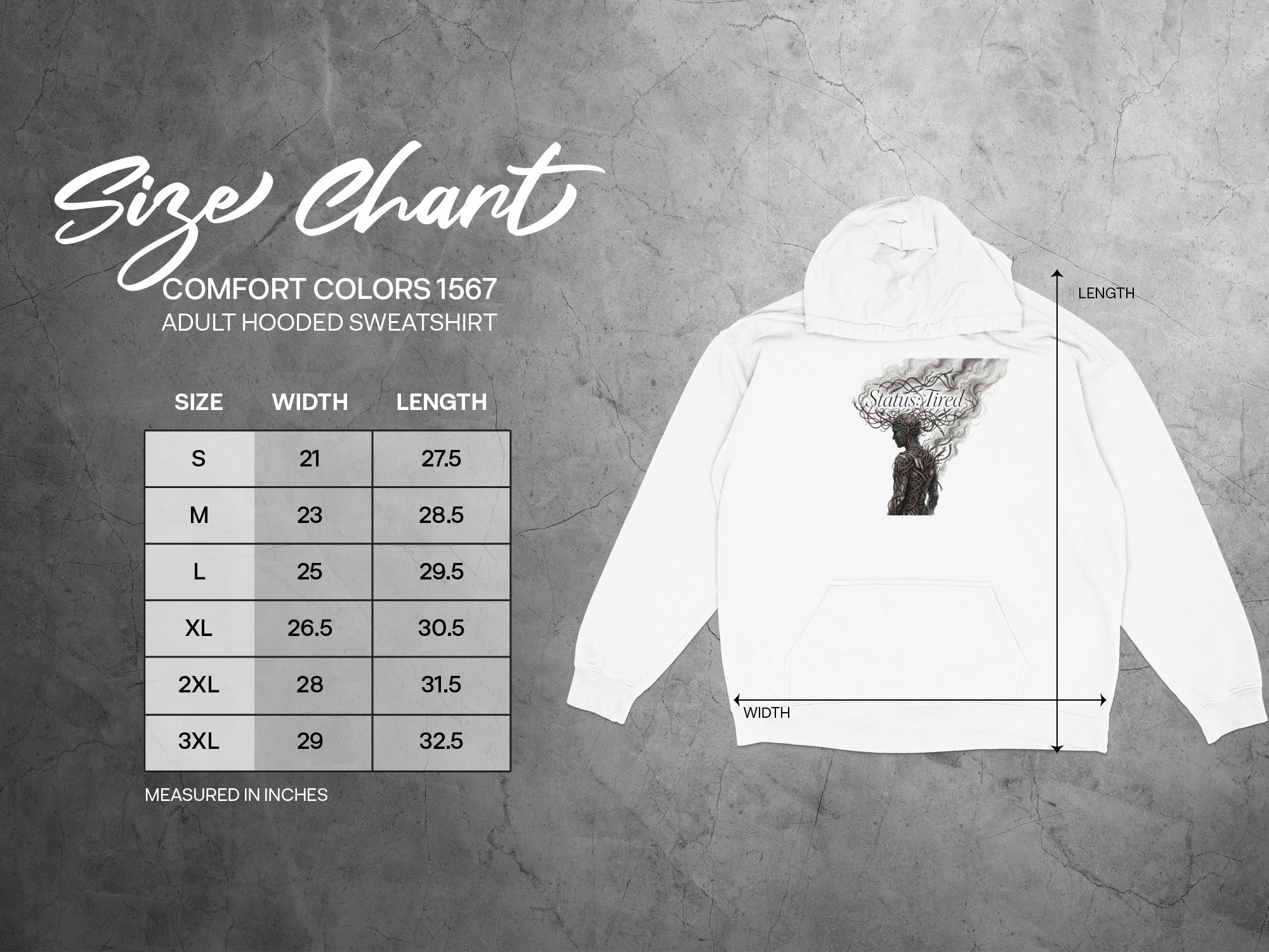 Comfort Colors 1567 adult hooded sweatshirt size chart with measurements in inches.