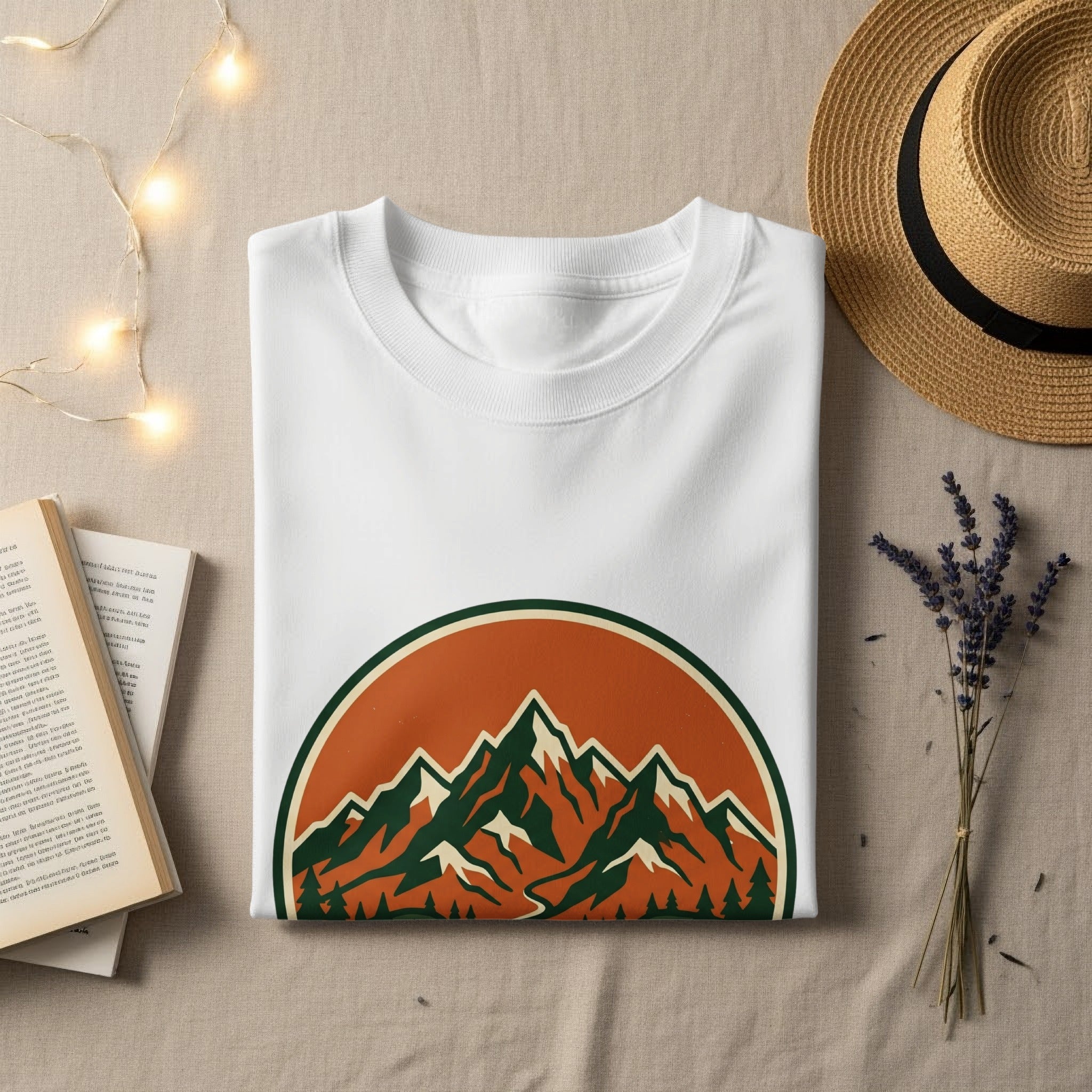 White t-shirt with green and orange mountain landscape graphic.