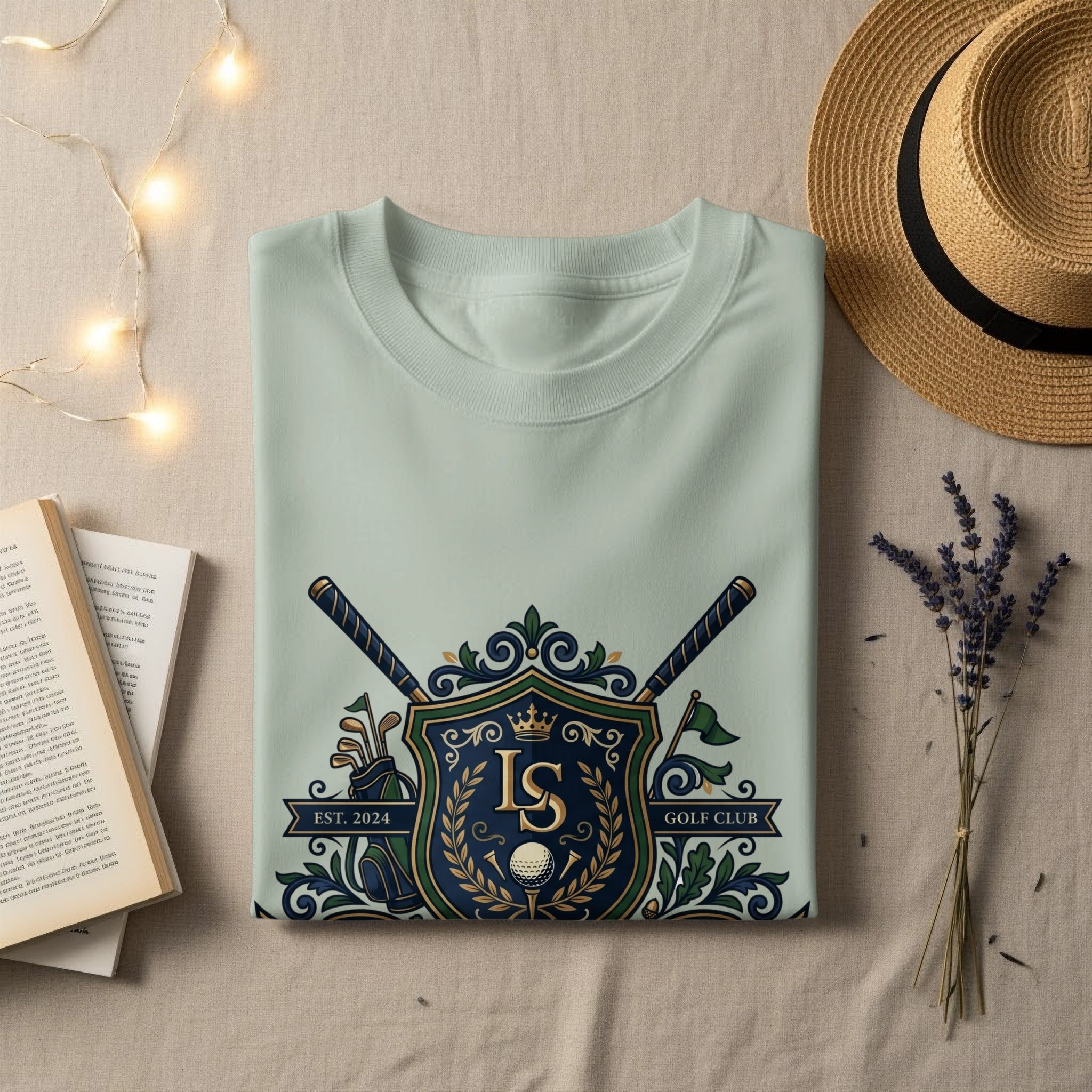 Light blue t-shirt with "IS GOLF CLUB EST. 2024" crest.