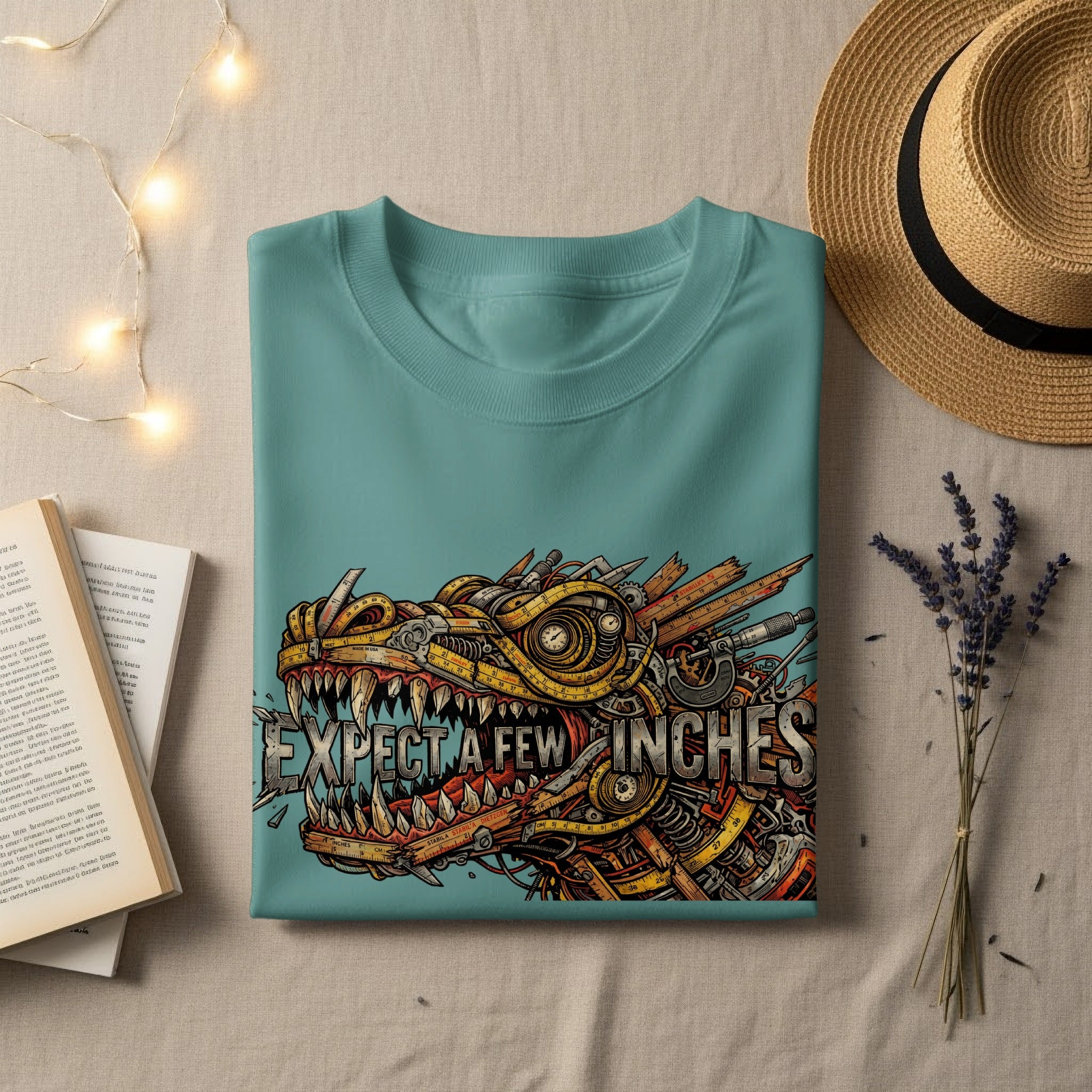 Teal t-shirt with a metallic dragon graphic and "EXPECT A FEW INCHES" text.