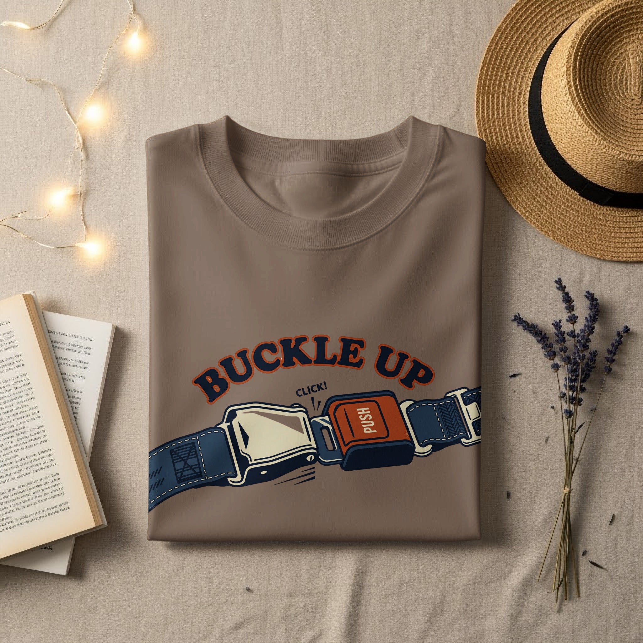Brown t-shirt with "BUCKLE UP" and a seatbelt buckle graphic.
