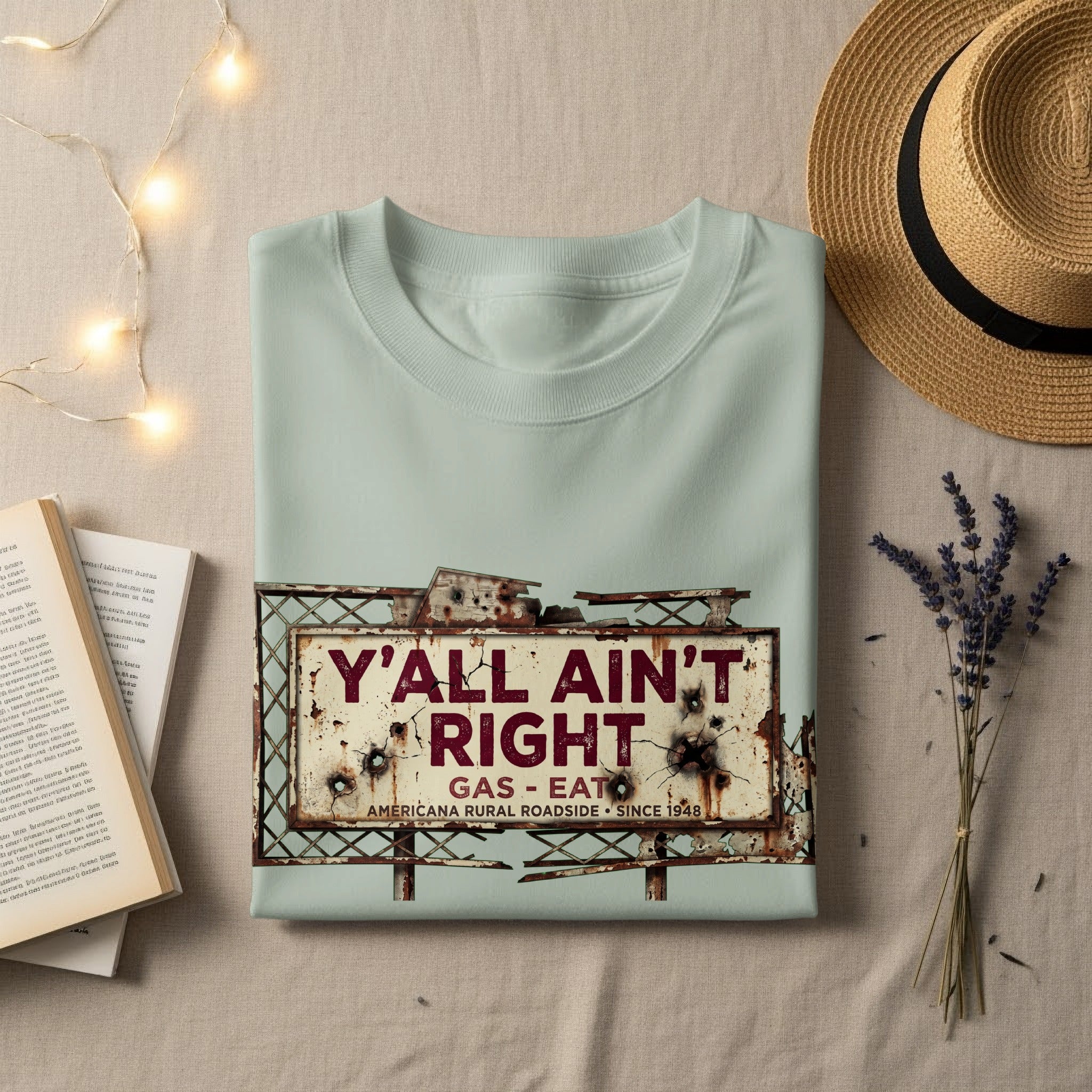 Light green t-shirt with "Y'all Ain't Right" roadside sign graphic.