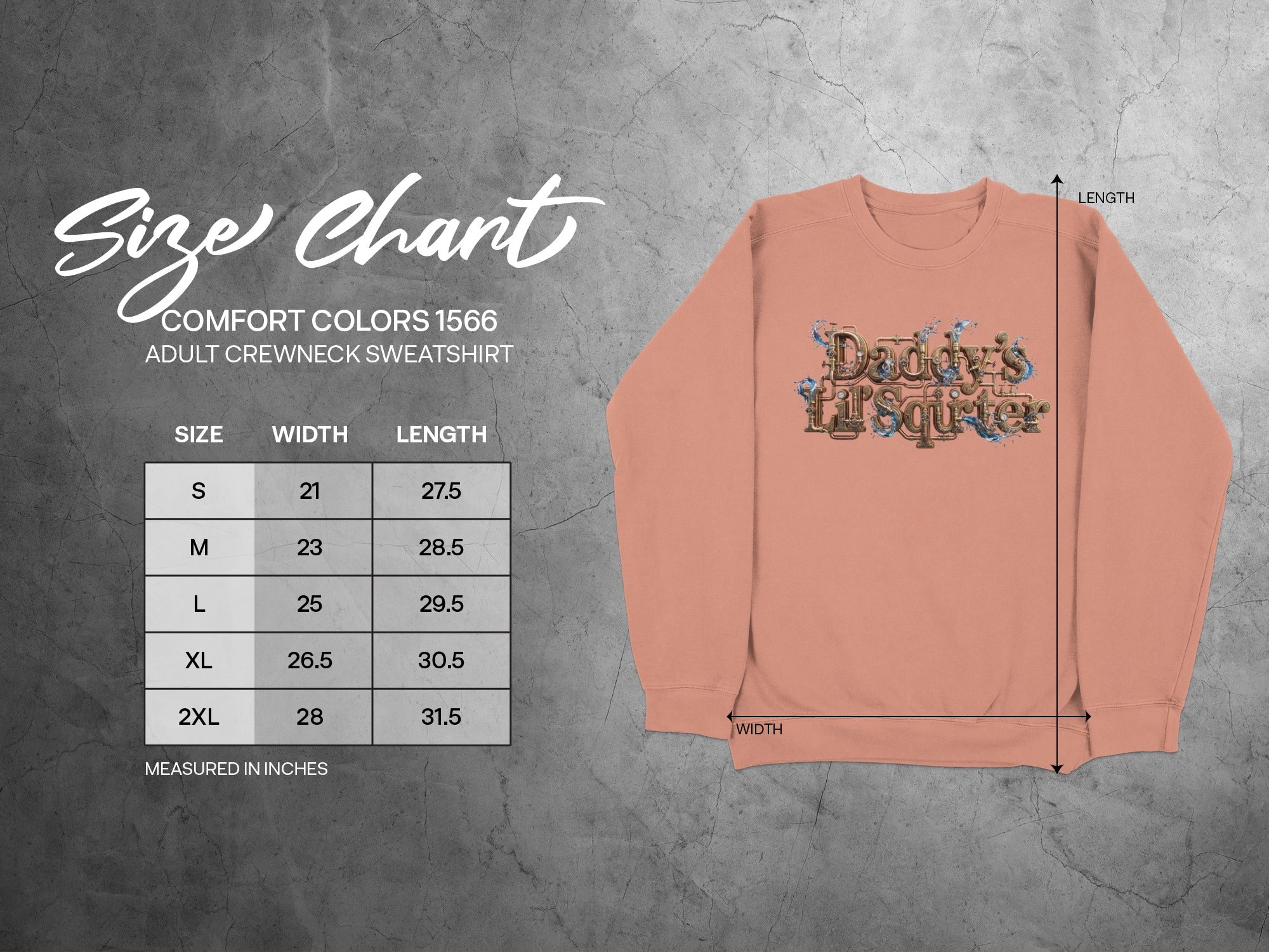 Comfort Colors 1566 adult crewneck sweatshirt size chart with measurements.