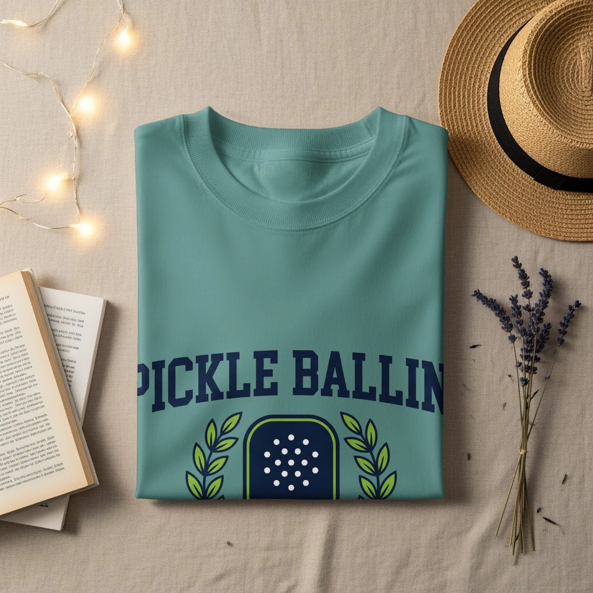Teal t-shirt with "PICKLE BALLIN" text and pickleball court graphic.
