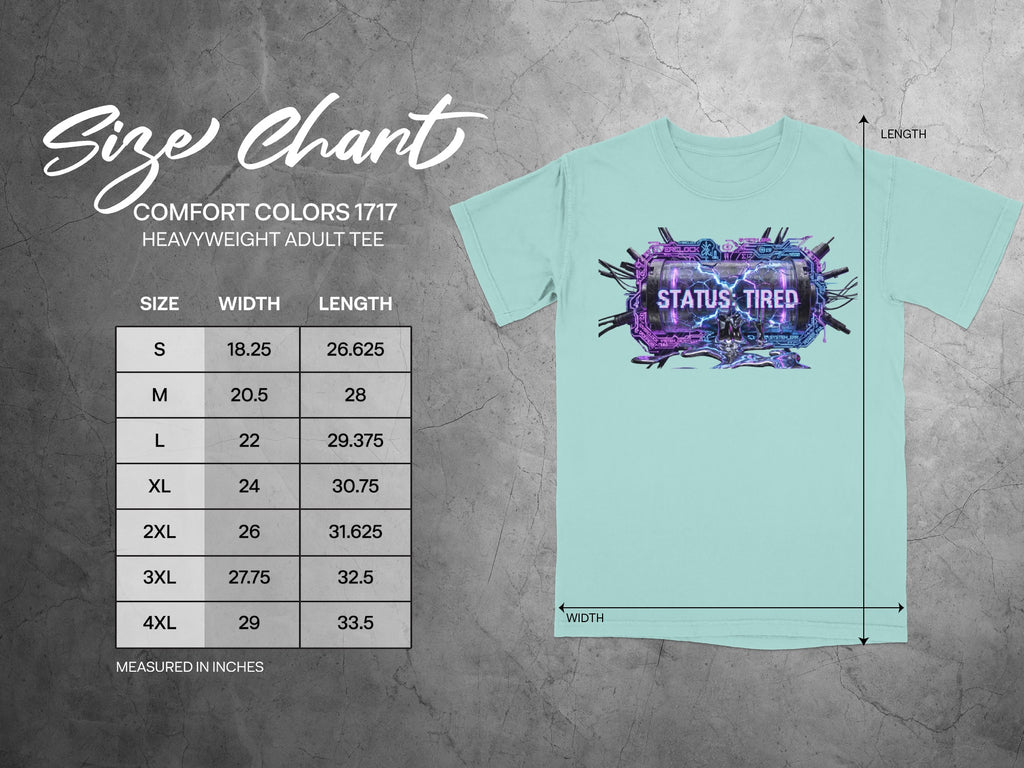 Comfort Colors 1717 heavyweight adult tee size chart with dimensions.