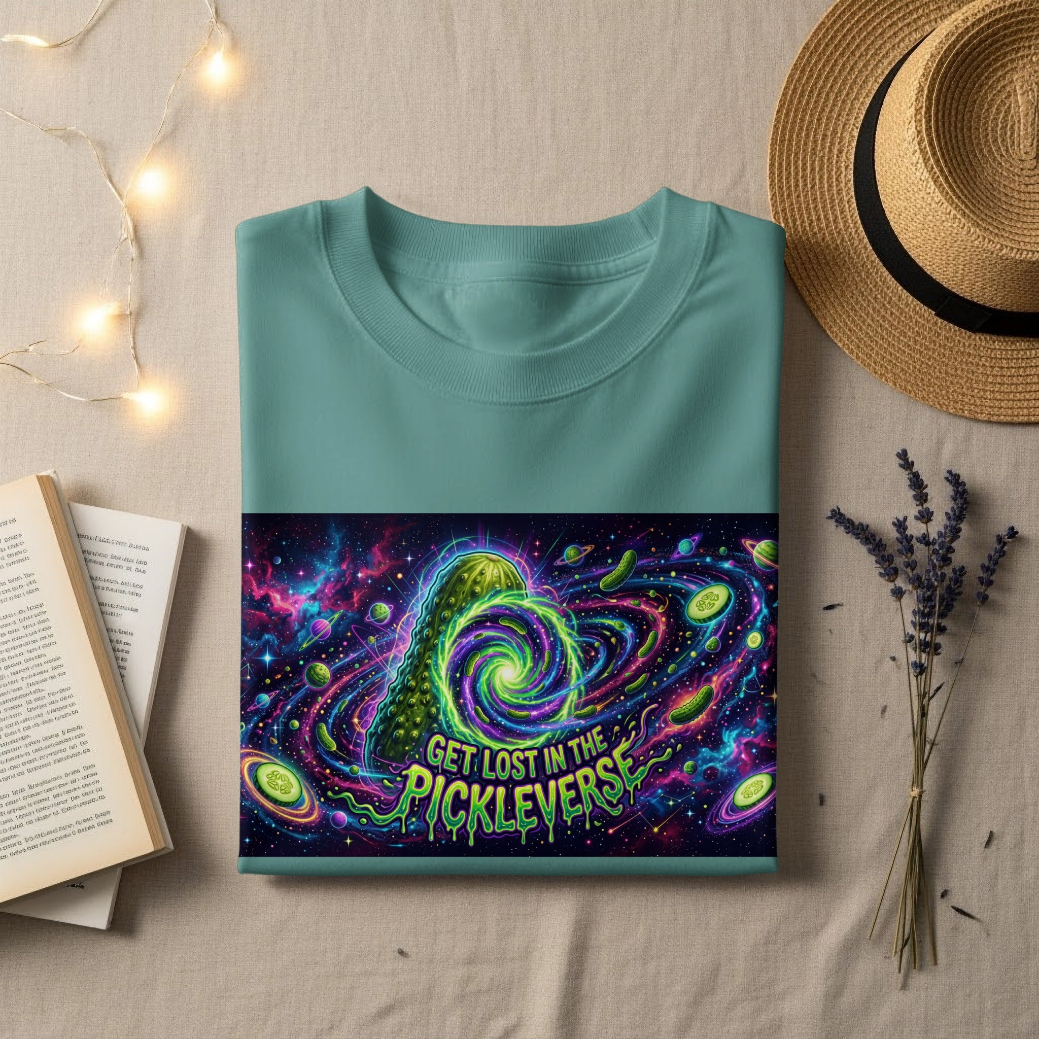 Teal t-shirt with "Get Lost in the Pickleverse" graphic featuring a pickle in space.