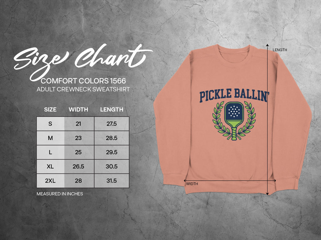 Comfort Colors sweatshirt size chart with measurements for adult crewneck sweatshirts.