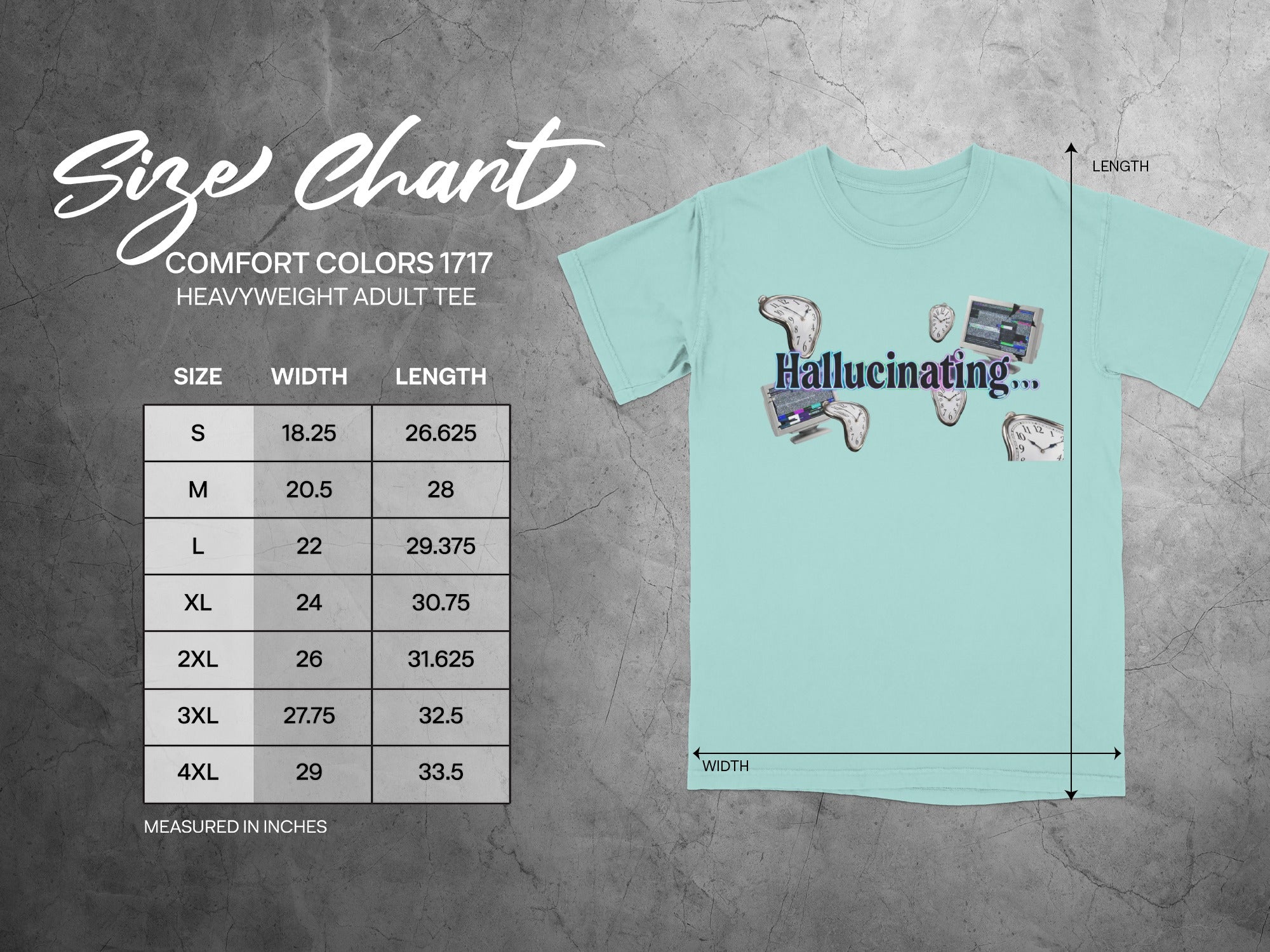 Size chart for Comfort Colors 1717 heavyweight adult tee with measurements.
