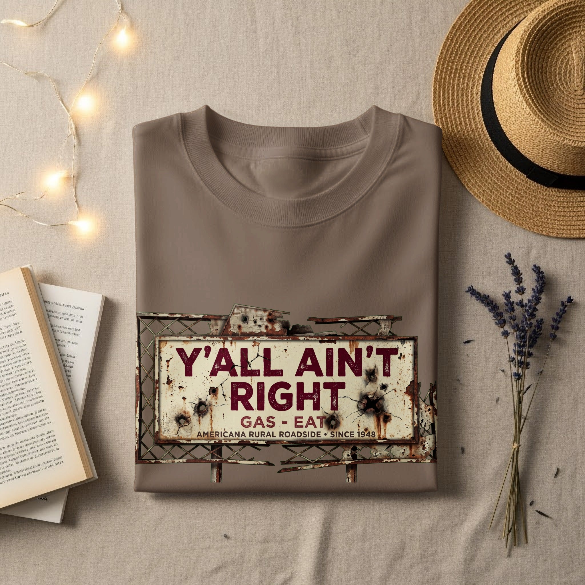 Brown t-shirt with distressed "Y'all Ain't Right" gas and eat sign.