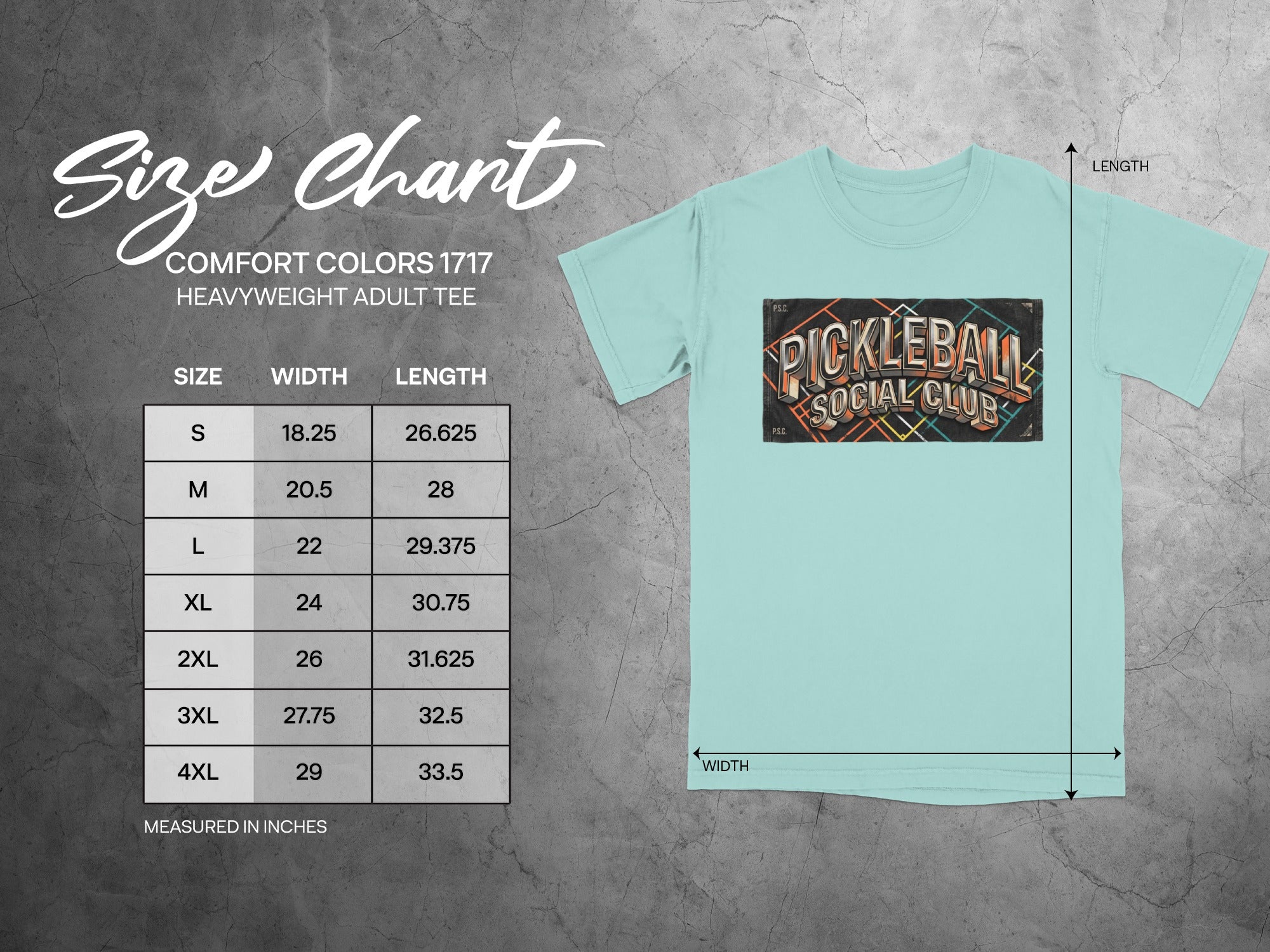 Size chart for Comfort Colors heavyweight adult tee with width and length measurements.