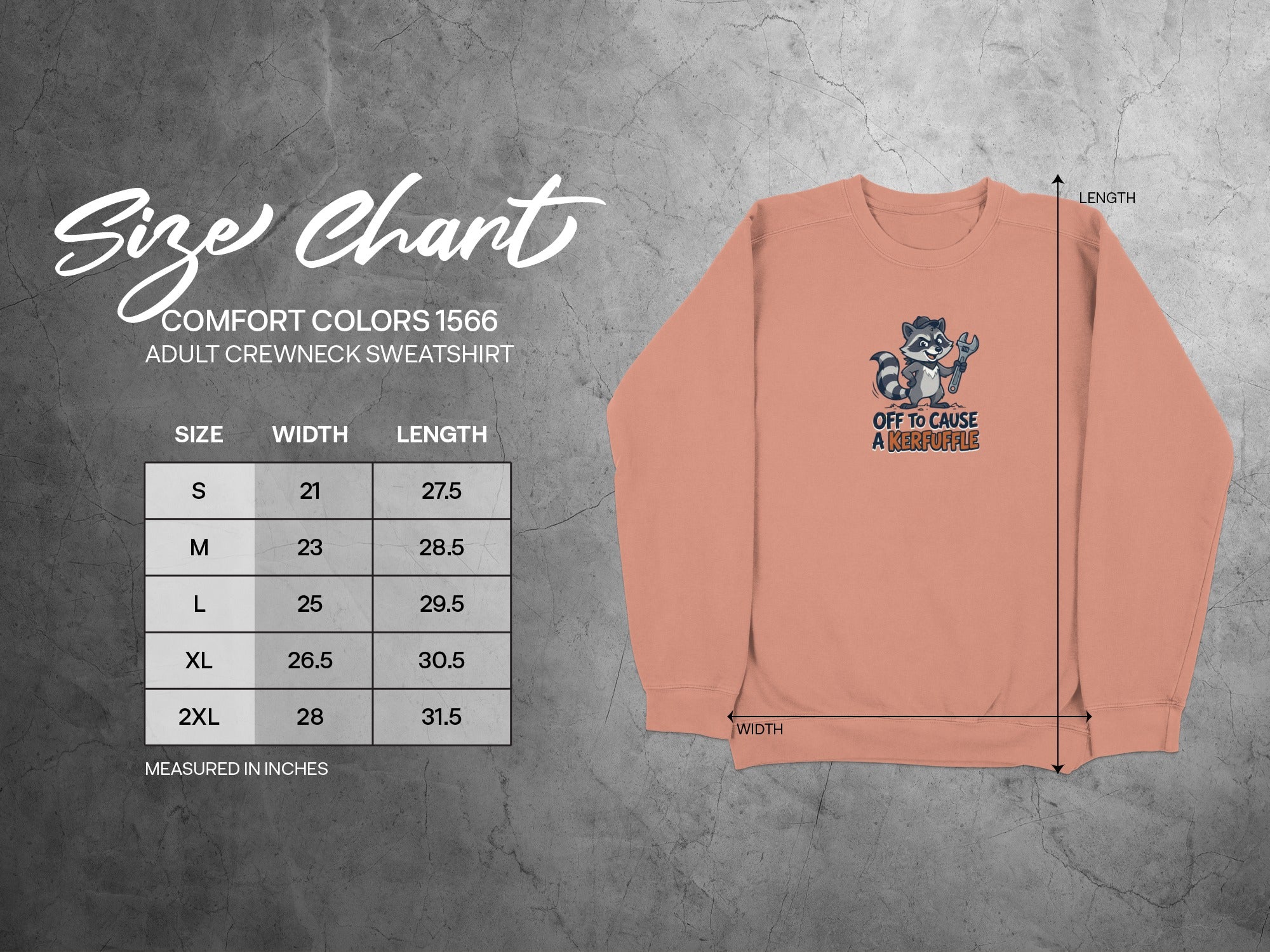Size chart for Comfort Colors 1566 adult crewneck sweatshirt with measurements.