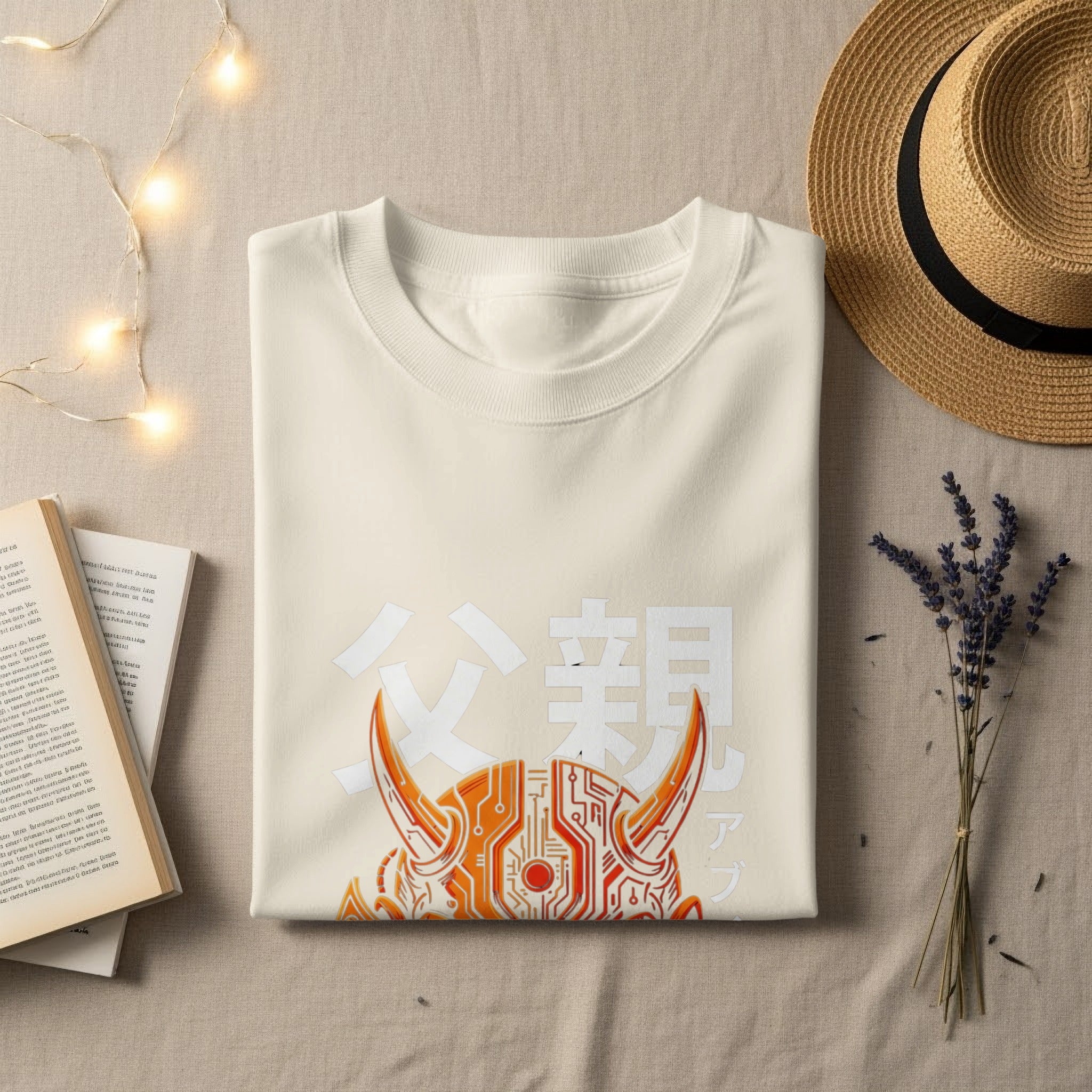 Cream t-shirt with orange and white circuit board inspired samurai helmet graphic and Japanese text.
