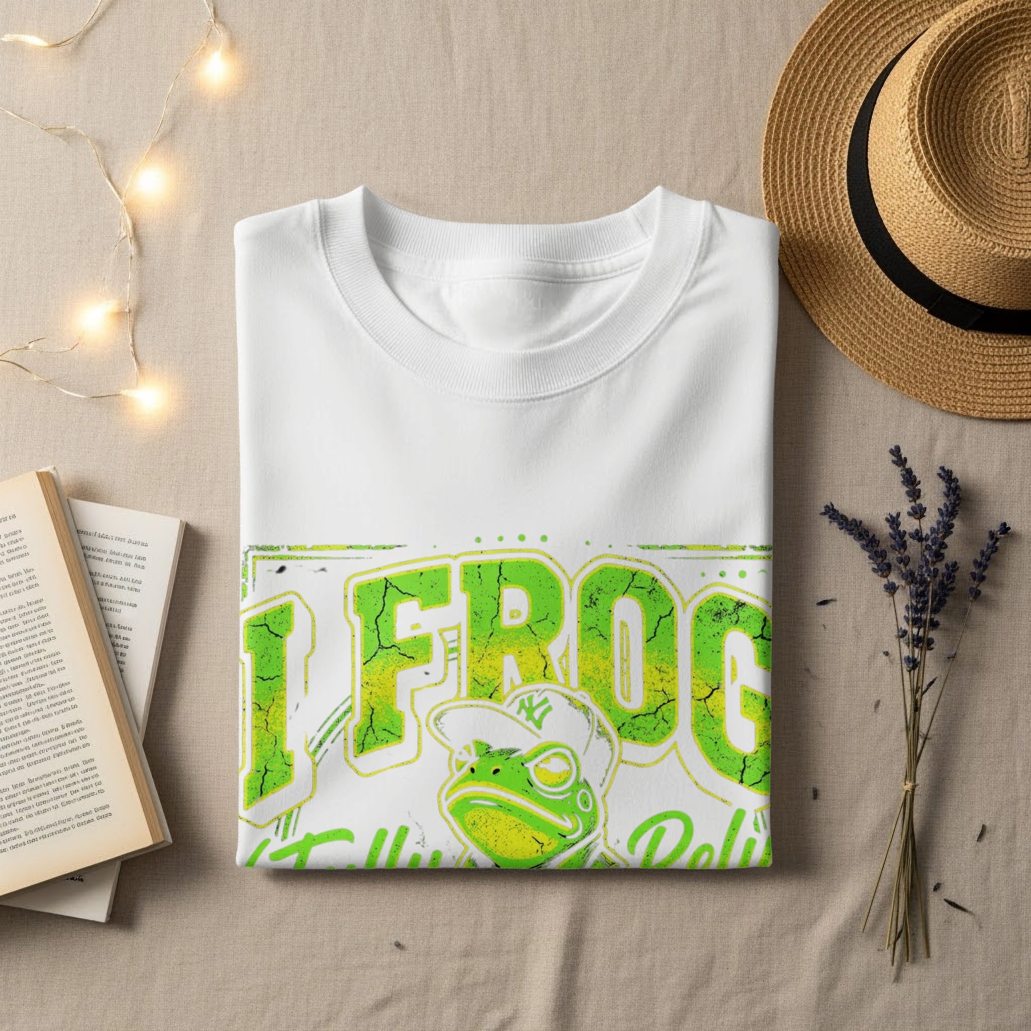 White t-shirt with green frog wearing baseball cap and "FROG" text.