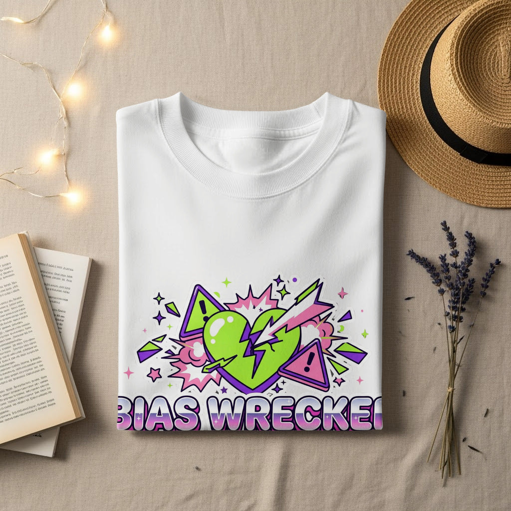 White t-shirt with "BIAS WRECKEL" in bold purple letters and green heart graphic.