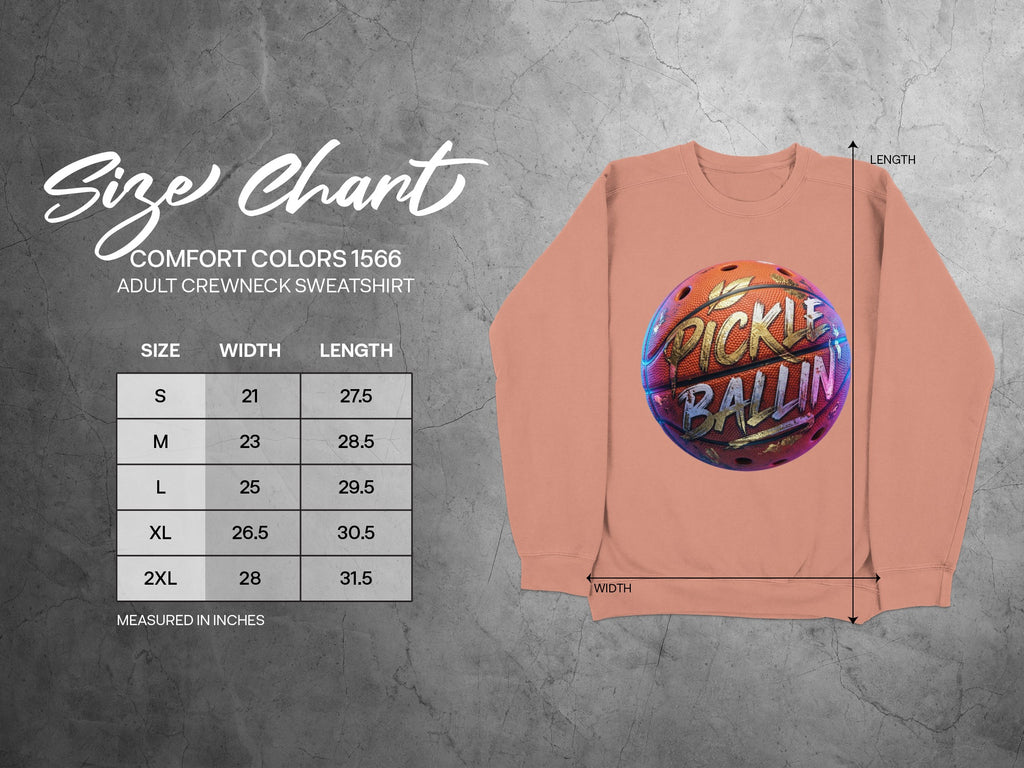Comfort Colors 1566 adult crewneck sweatshirt size chart with pickleball graphic.
