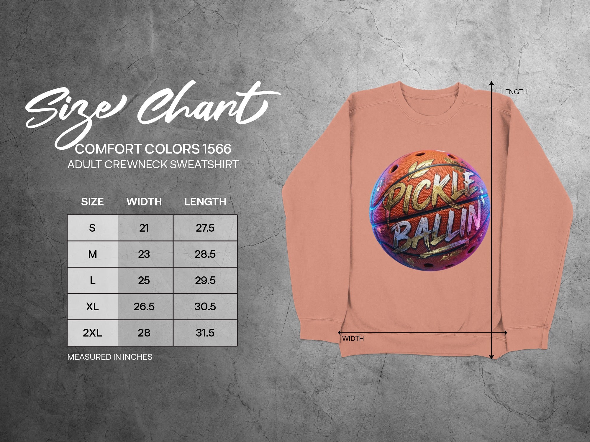 Comfort Colors 1566 adult crewneck sweatshirt size chart with pickleball graphic.