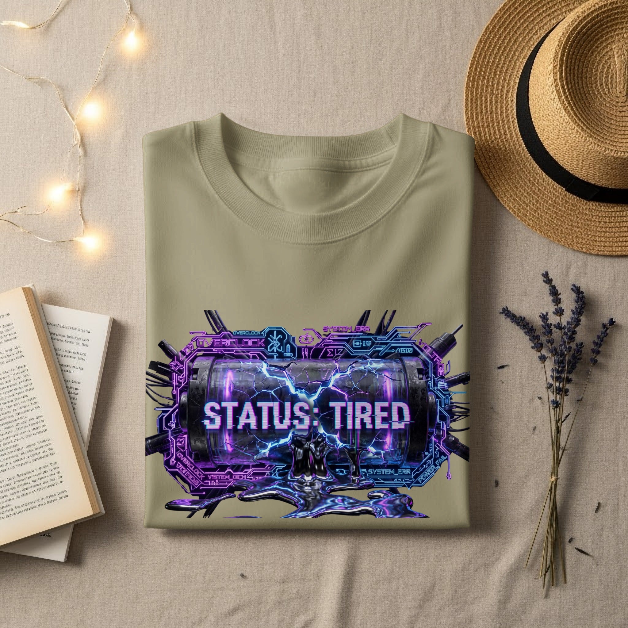 T-shirt with "STATUS: TIRED" graphic featuring neon lights and circuitry.