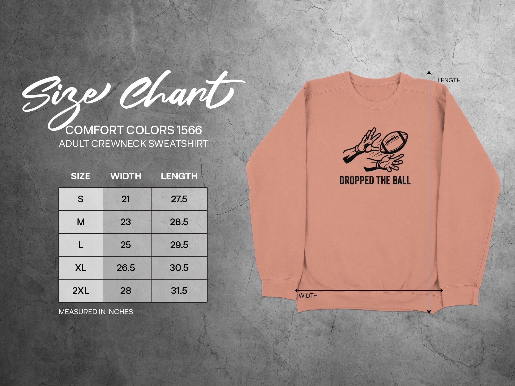 Comfort Colors 1566 adult sweatshirt size chart with dimensions.