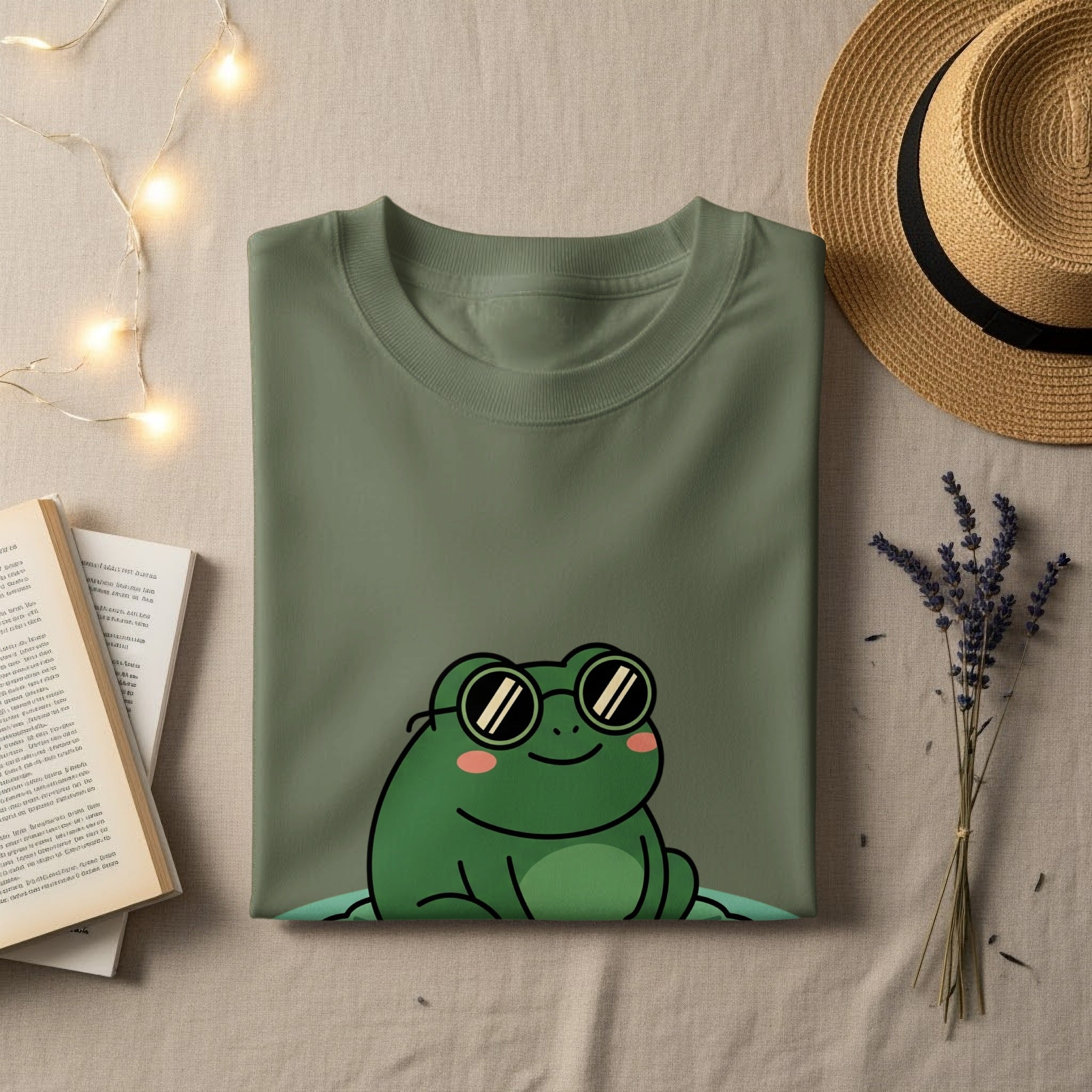 Green t-shirt with cartoon frog wearing sunglasses.