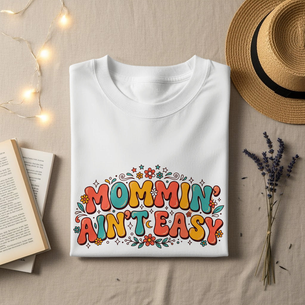 White sweatshirt with colorful "Mommin Ain't Easy" text and floral accents.