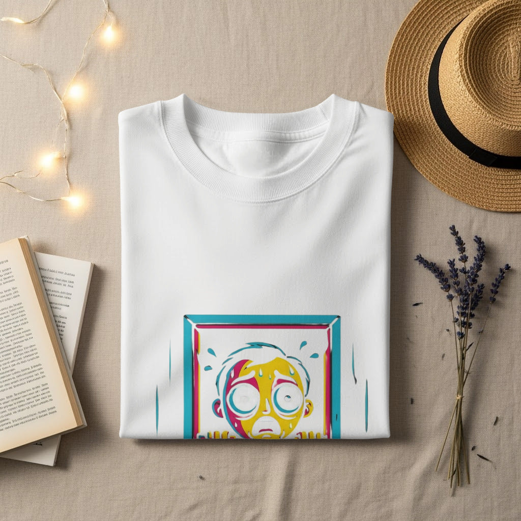 White t-shirt with a distressed yellow face design in a blue frame.