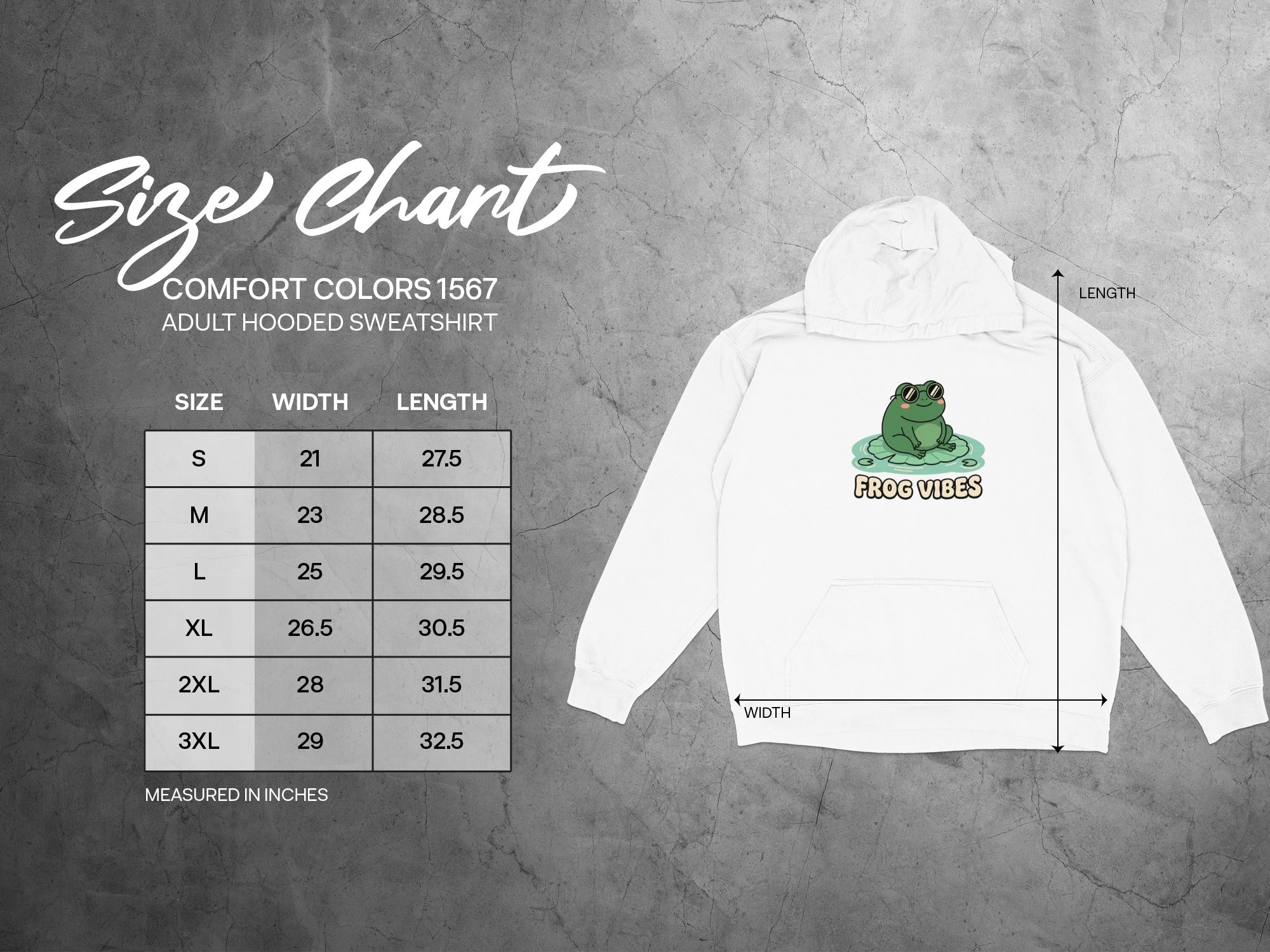 Size chart for Comfort Colors 1567 adult hooded sweatshirt with Frog Vibes graphic.