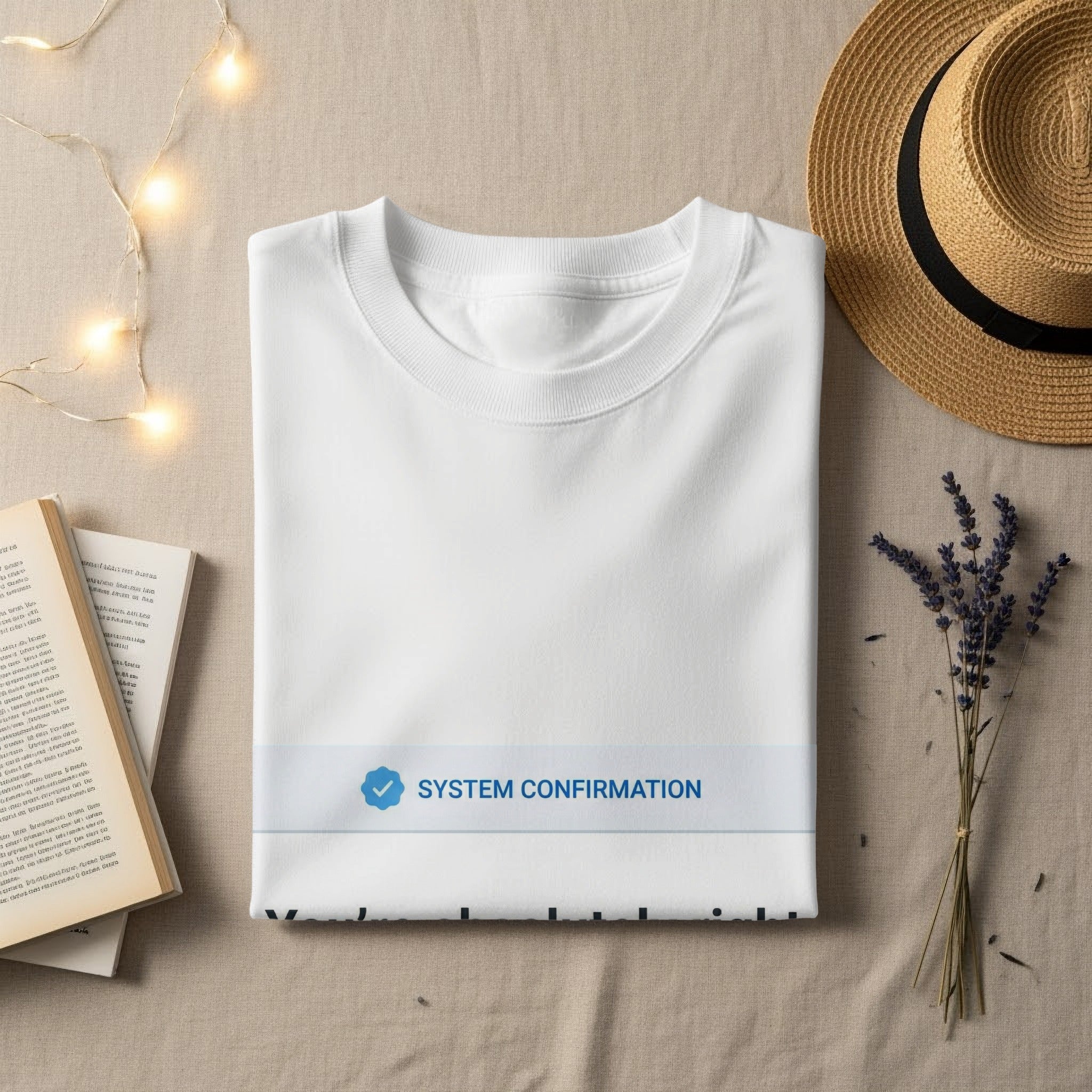 White t-shirt with "SYSTEM CONFIRMATION" graphic, straw hat, and book.