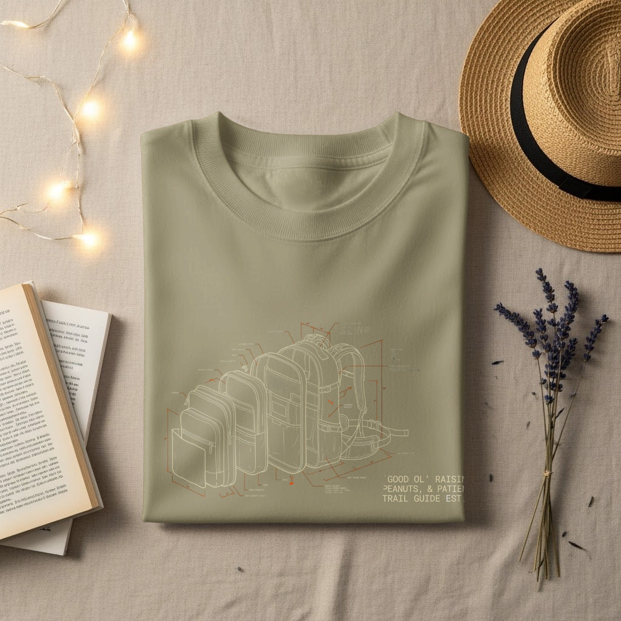 Light green t-shirt with blueprint-style backpack graphic and text.