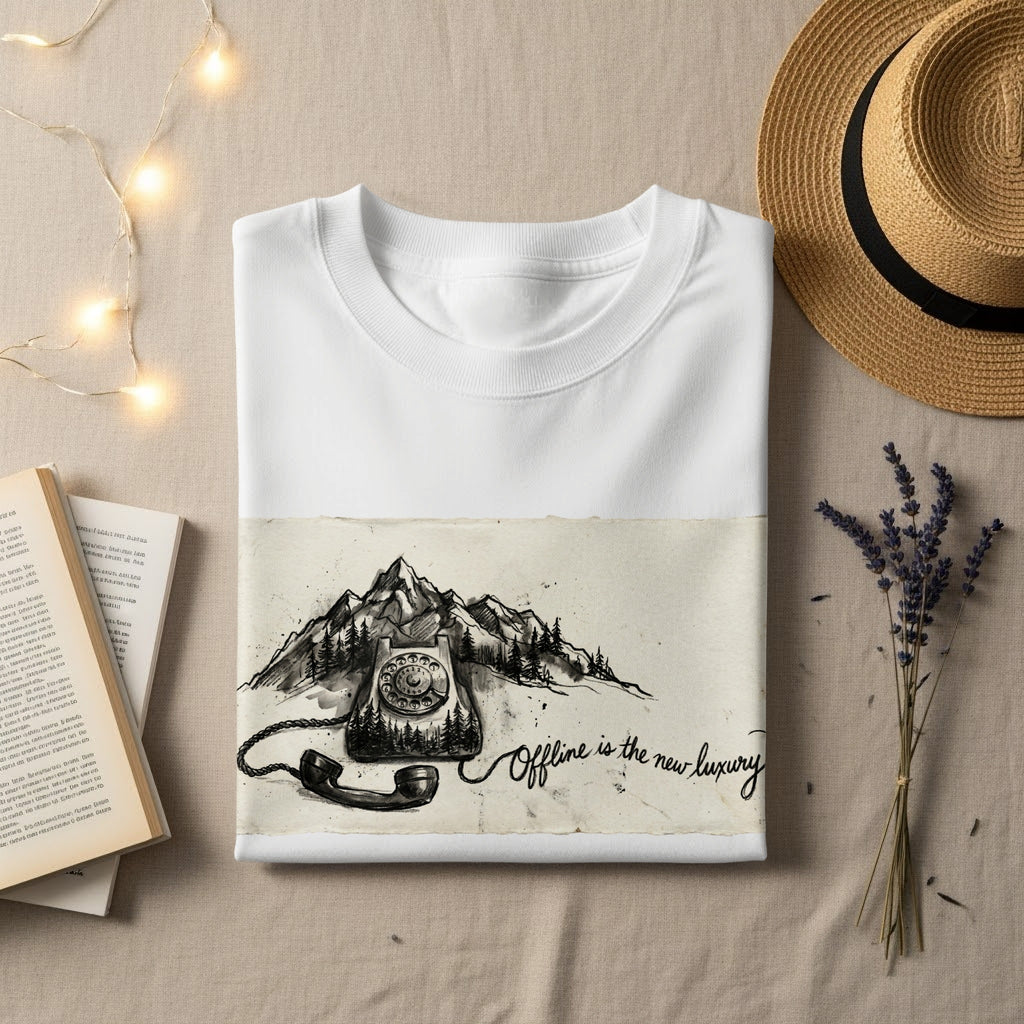T-shirt with vintage telephone illustration and "Offline is the new luxury" text.